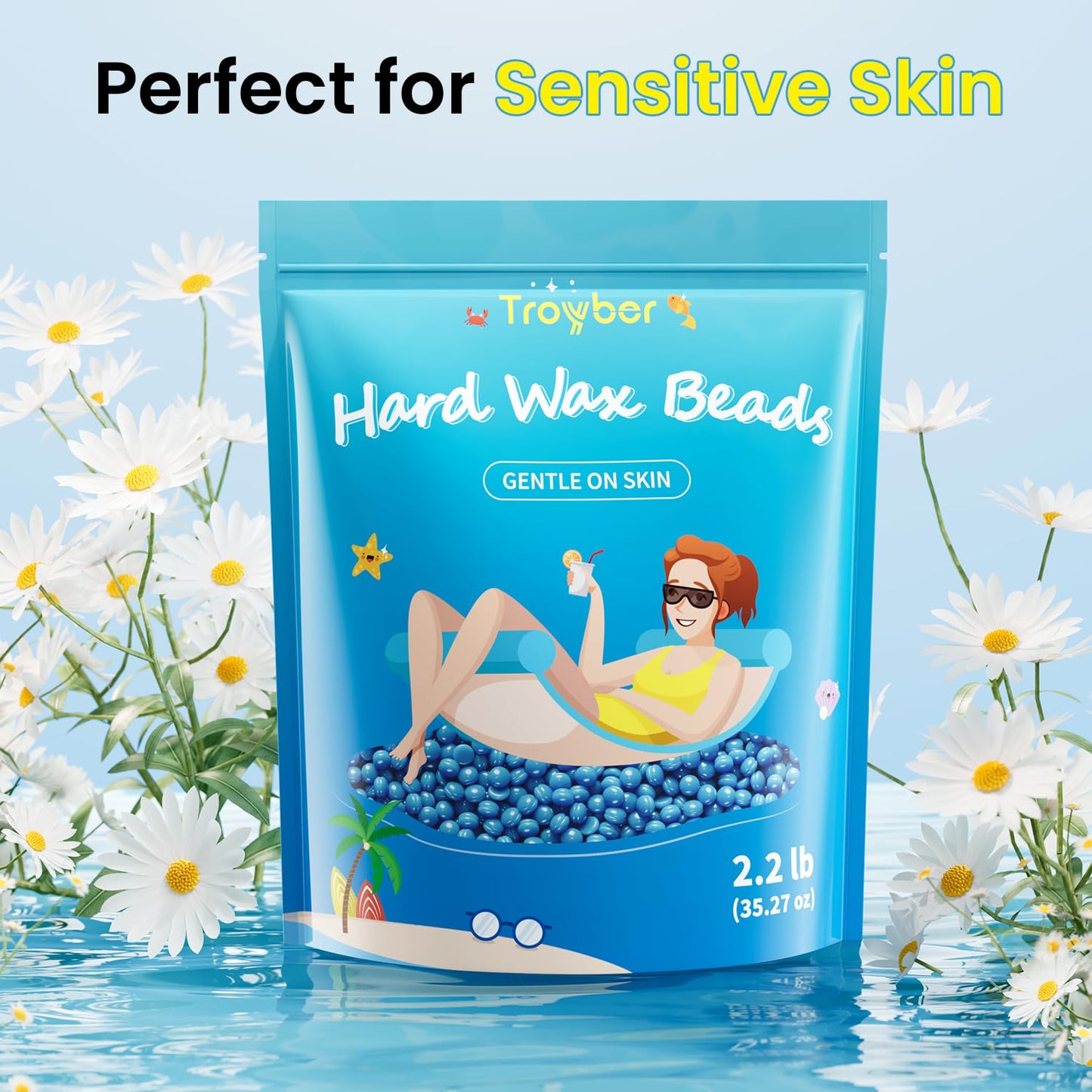 Troyber Hard Wax Beads for Coarse Hair Removal, 2.2lb Wax Beads Bulk, Waxing Beads for Brazilian & Full Body, At-Home Easy Removal, Peel-Off Waxing Beads