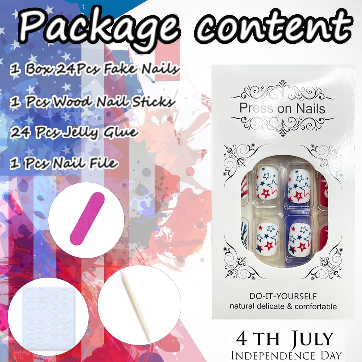 4th of July Press on Nails Short Petite Cute Fake Nails Red Blue Star American Flag Designs Independence Day False Nails Freedom Patriotic Acrylic Nails Square Reusable Glue on Nails for Women 24Pcs