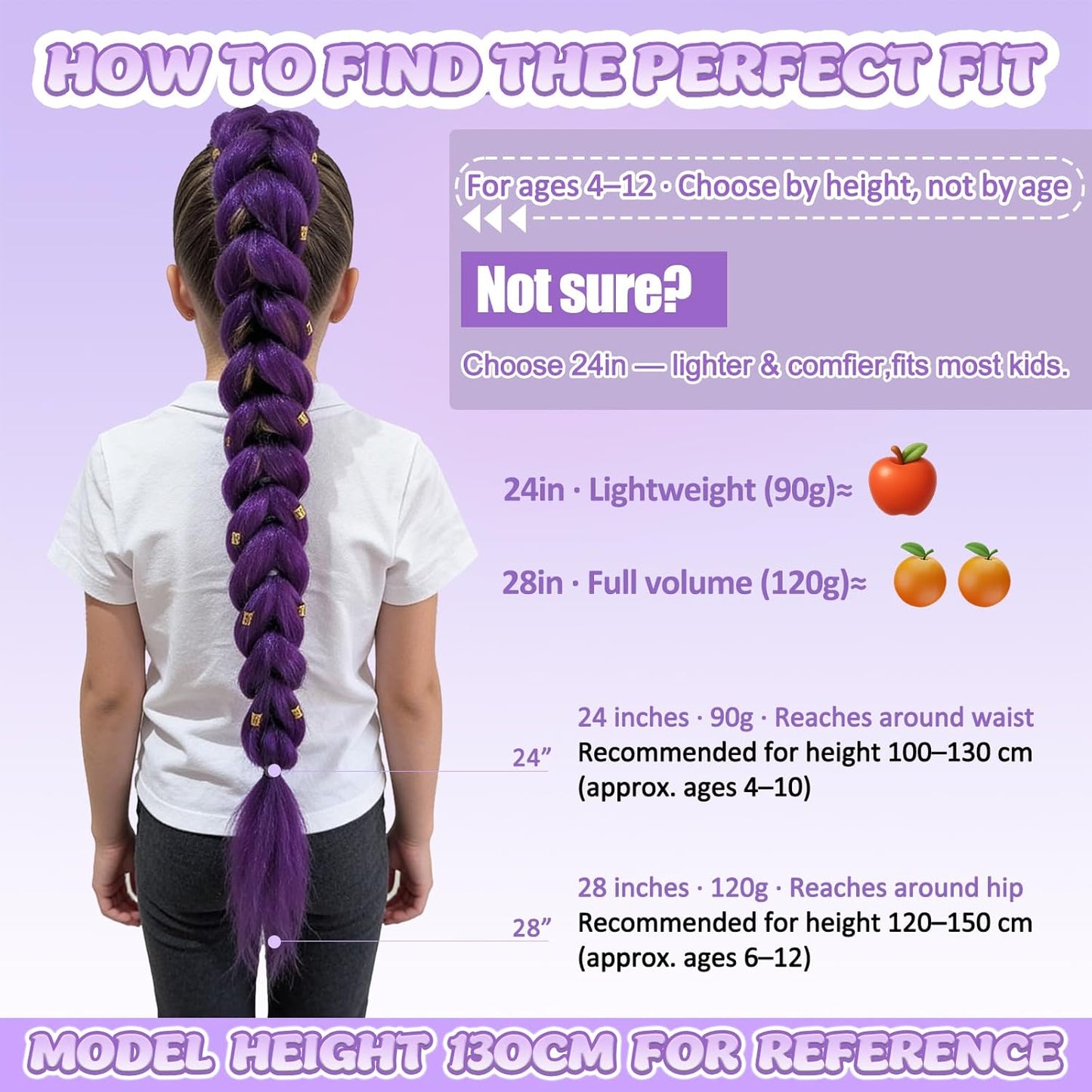 24-Inch Purple Braids Ponytail Hair Extensions - Synthetic Pre-Braided Hair for Halloween Cosplay