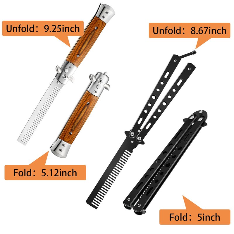 Chengu 2 Pieces Wood Grain Switchblade Blade Pocket Hair Brush Comb Automatic Push Button Brush and Folding Butterfly Stainless Steel Training Practice Comb Outdoor(Black)
