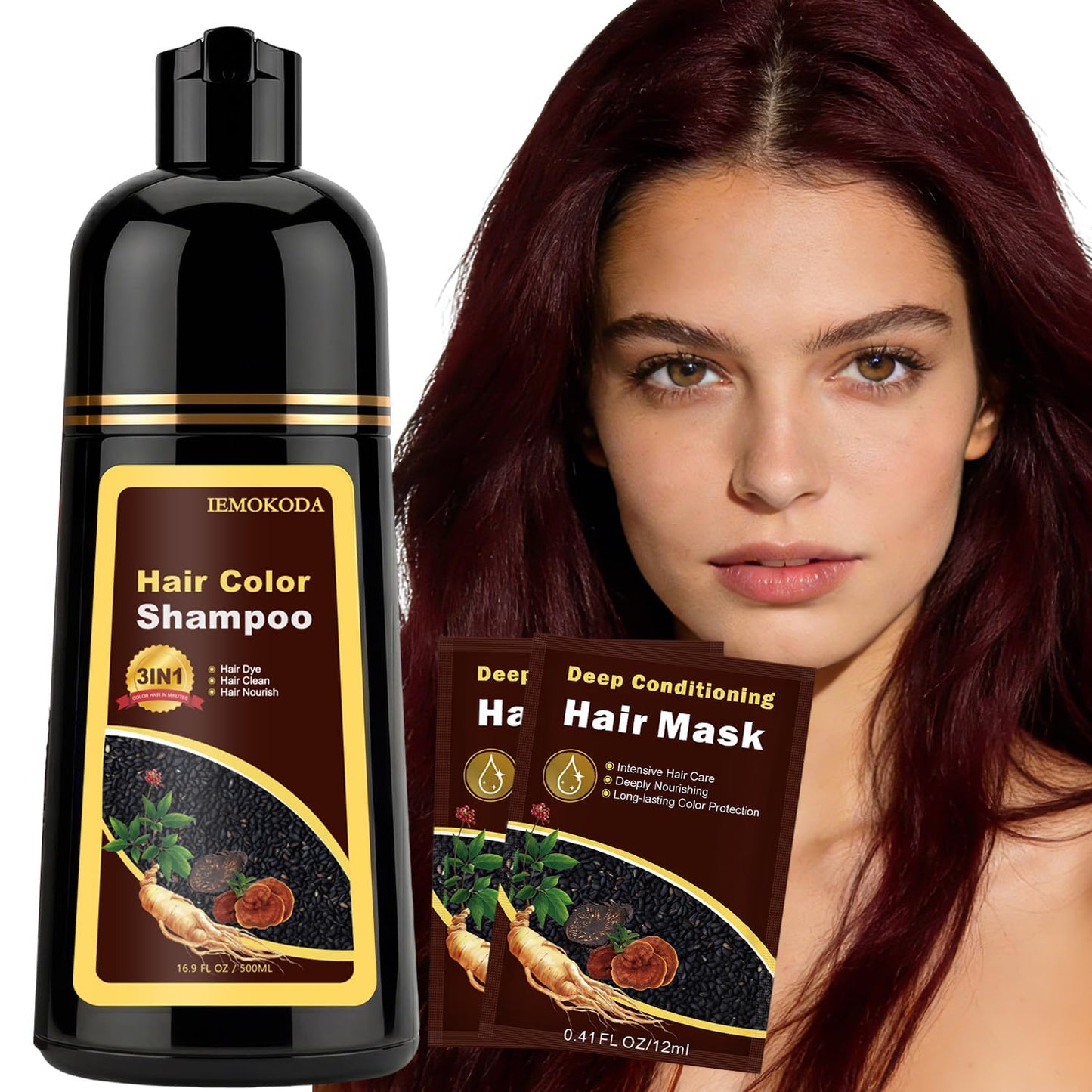 Instant Black Hair Dye Shampoo - 100% Gray Coverage | Herbal Formula, 3-in-1 Care, 500ML