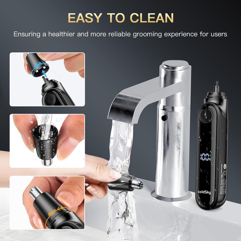 coldSky Ear & Nose Hair Trimmer with LED Display for Men Women - Professional Painless Eyebrow & Facial & Nose Hair Trimmer, USB Rechargeable, Dual-Edge Blades for Smoother Cutting Black