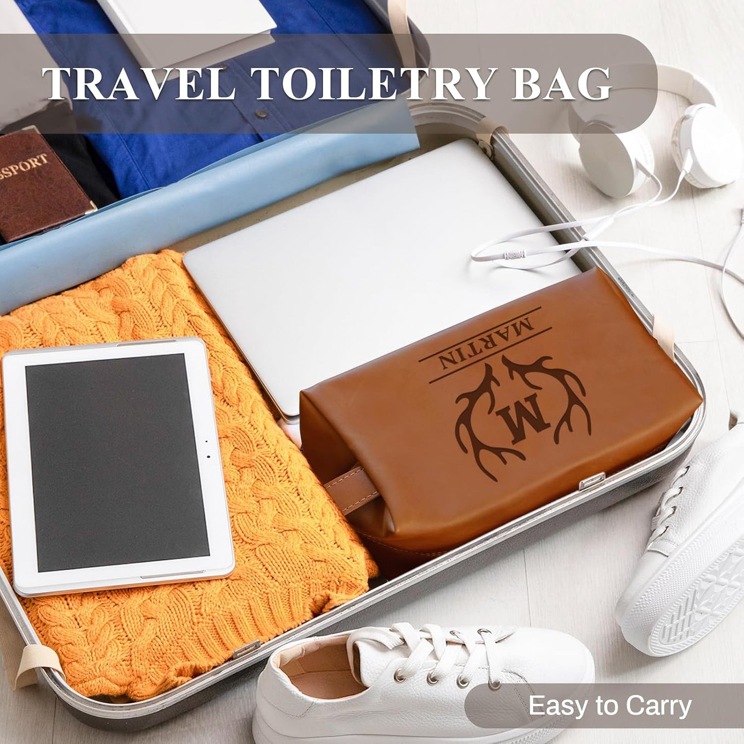 Personalized Leather Toiletry Bag for Men - Custom Engraved Dopp Kit | Perfect Groomsmen, Husband, Dad Gift for Weddings & Birthdays