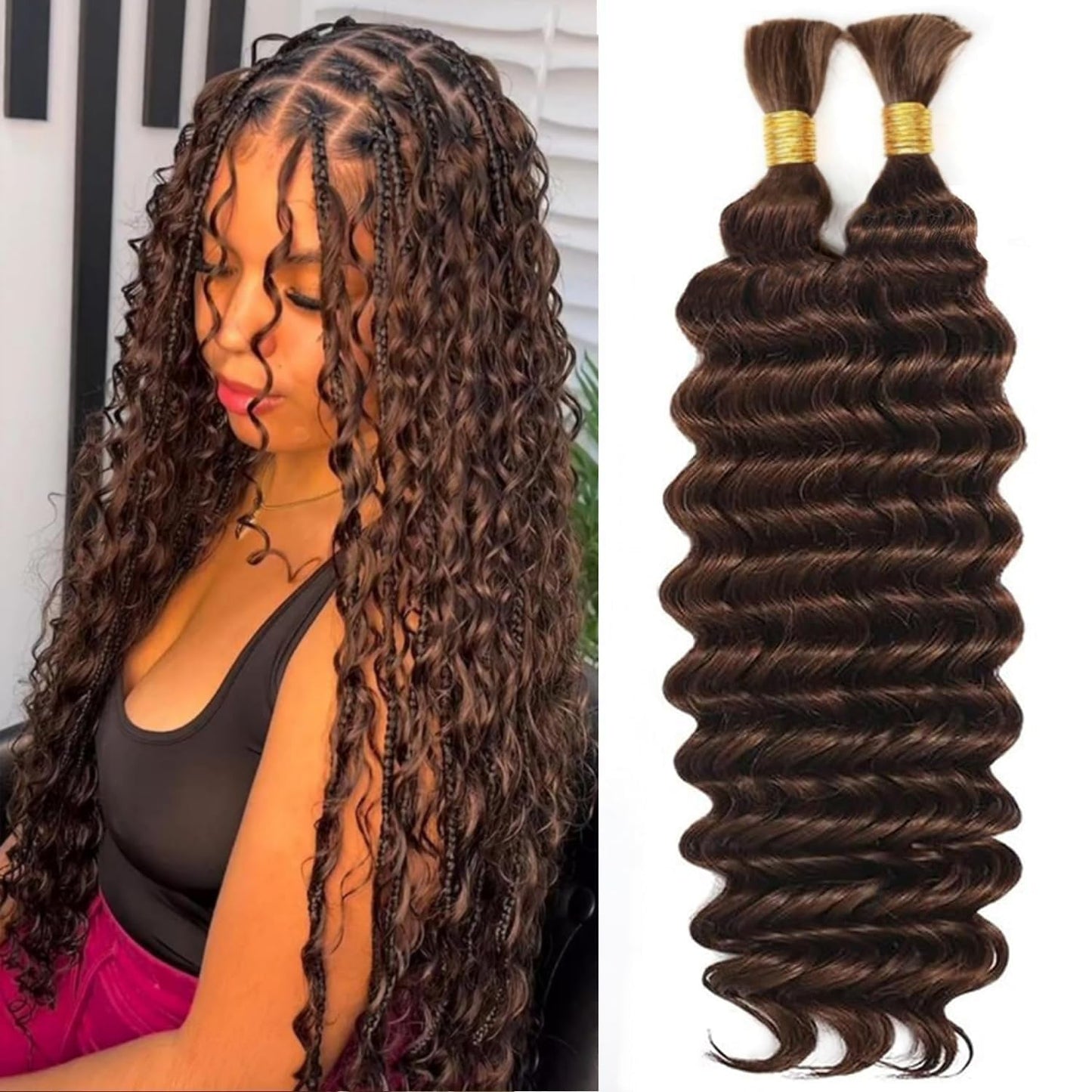 Chocolate Brown Human Braiding Hair - Deep Water Wave Extensions | 16 Inch Curly Bulk Hair, 110g, 2 Bundles