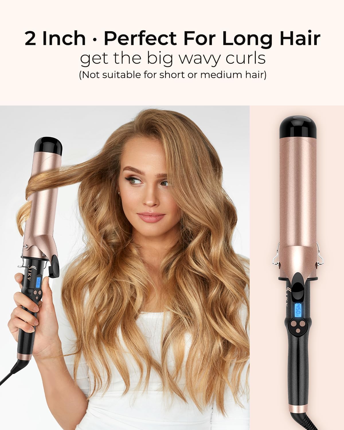 2 Inch Curling Iron Extra Large Barrel for Long Hair, Big Curling Wand Ceramic Tourmaline with LCD Display,10 Temps, Dual Voltage