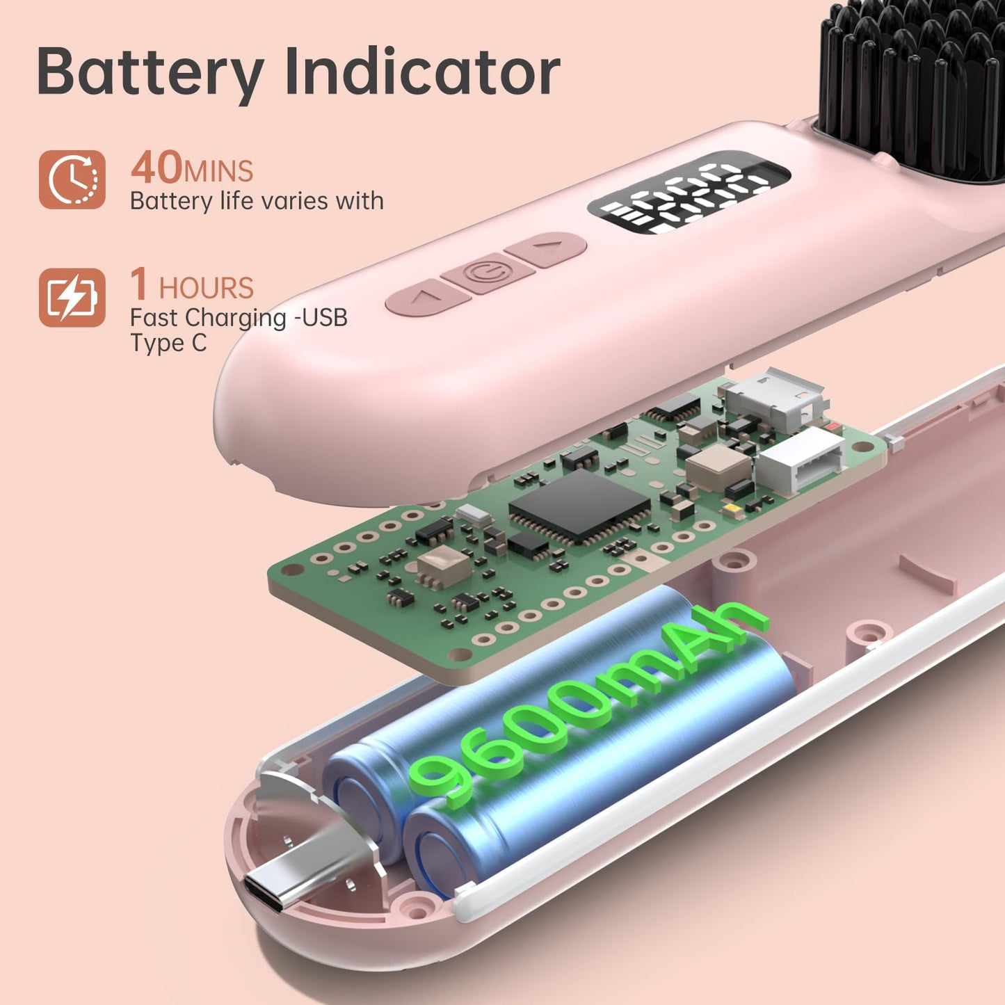 Cordless Hair Straightener Brush, Negative Ion Hot Comb, Anti-Scald Ceramic