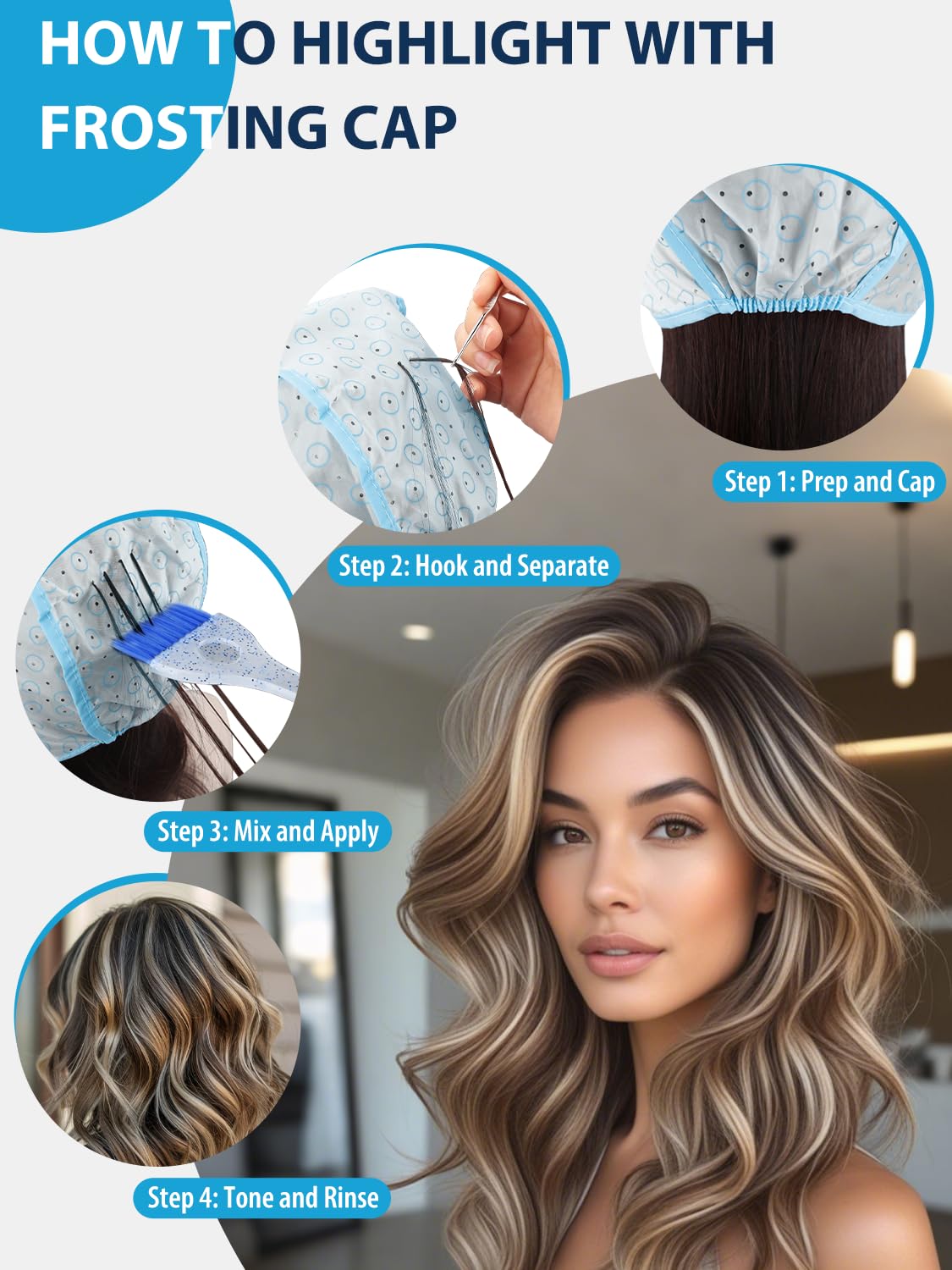 19PCS Hair Bleach Highlighting Kit - Complete Home Salon Set with Dye Brush, Bowl, Gloves & Frosting Cap | Blue