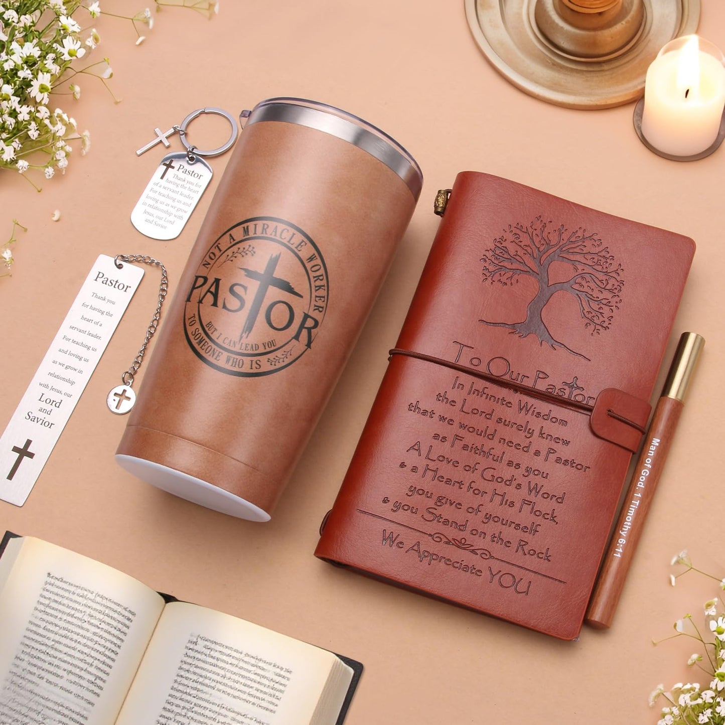 Pastor Appreciation Gifts for Men Christian Pastor Gifts Unique Pastor Gift for Pastors Including Leather Journal Tumbler Keychain Socks Acrylic Medal Pen Bookmarks Card for Birthday Christmas