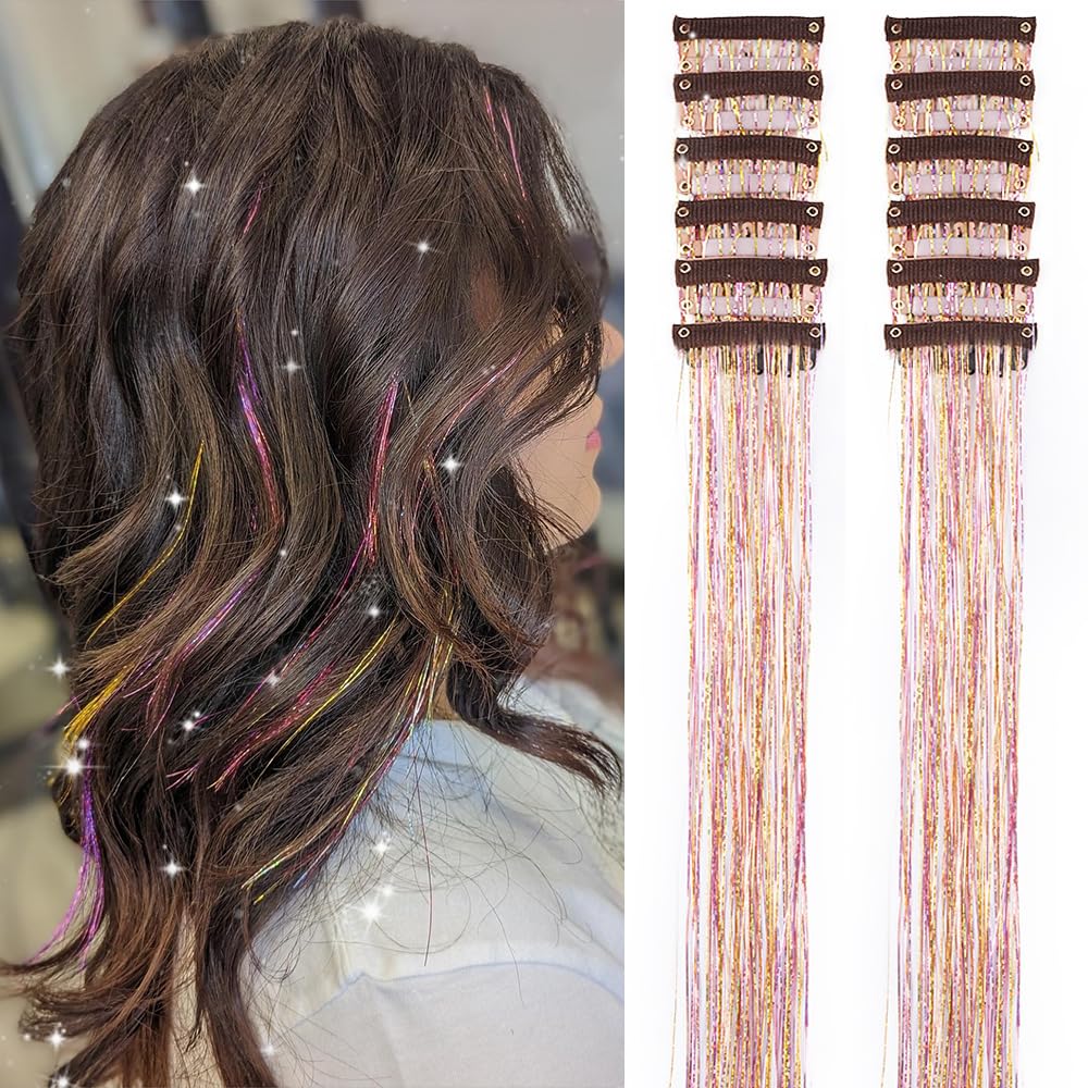 Clip In Hair Tinsel Extensions - 20 Inch Glitter Strands for Festivals | 12 Pcs Black Dazzle Kit for Women & Girls