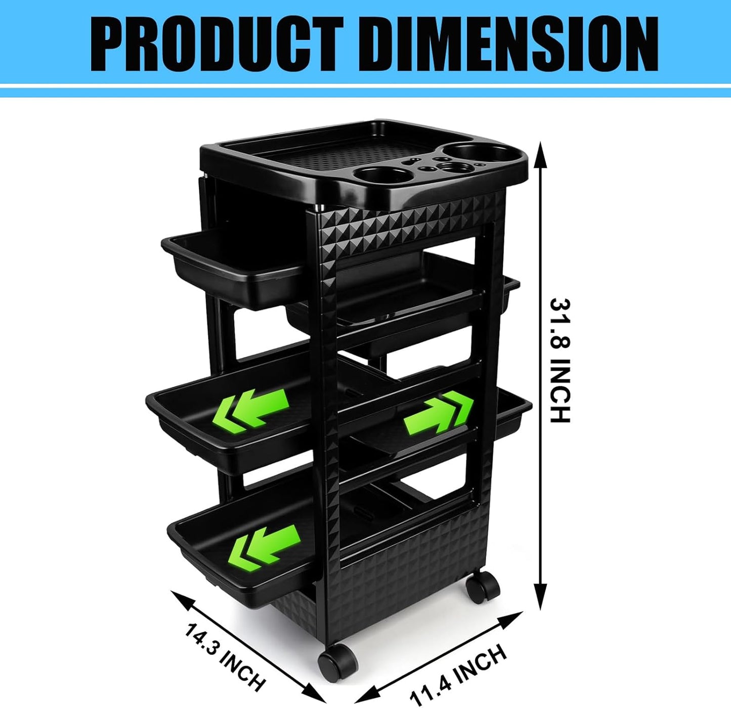 Salon Trolley Cart with Wheels - 5 Drawer Rolling Station for Hair Stylists | Black Hairdressing Equipment