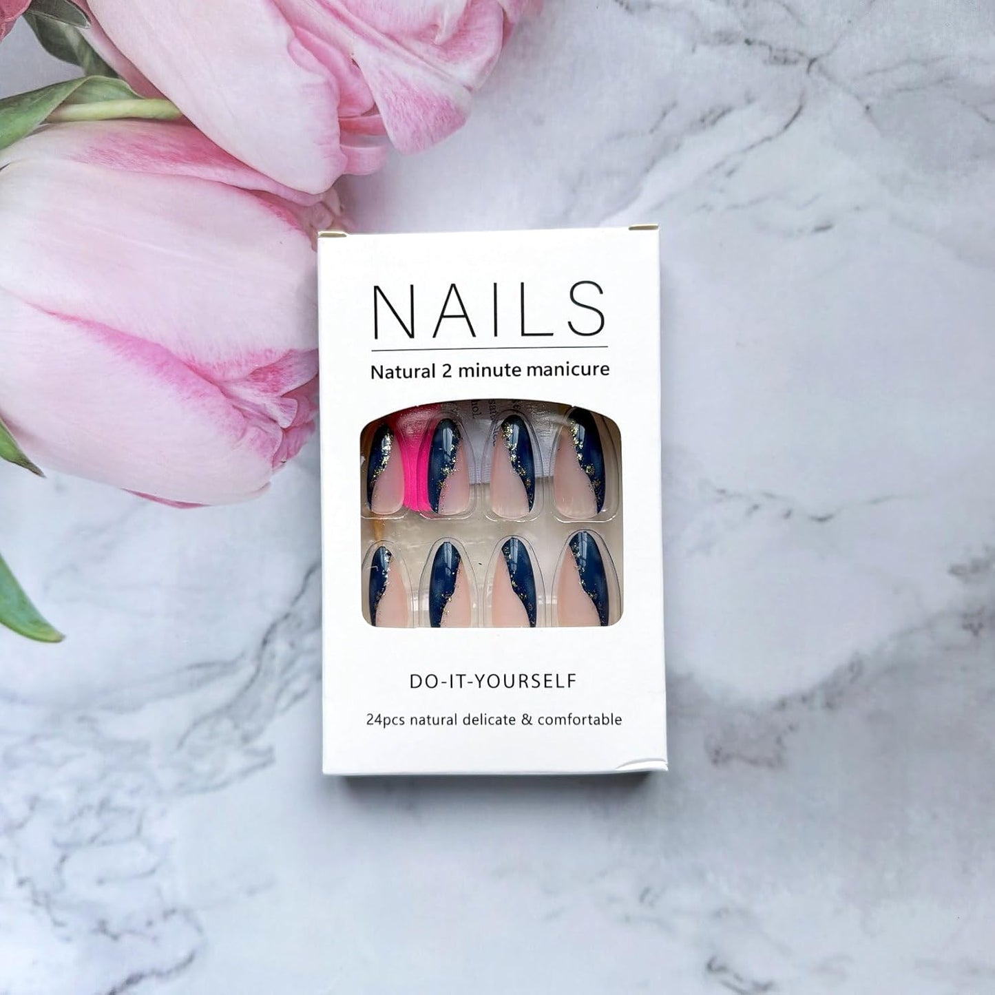 Almond Medium Press-On Nails - Blue Marble Full Cover with Gold Foil | 24 Pcs Glossy Artificial Nail Art for Women