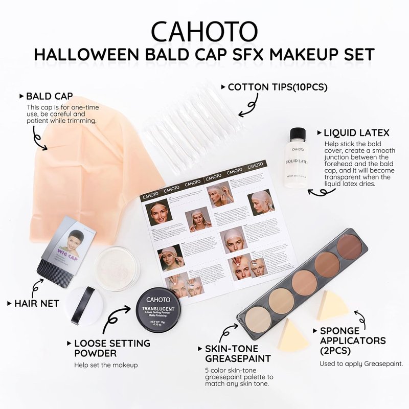 Bald Cap SFX Makeup Set - Elastic Latex Bald Caps for Halloween Cosplay | Complete Kit for Adults