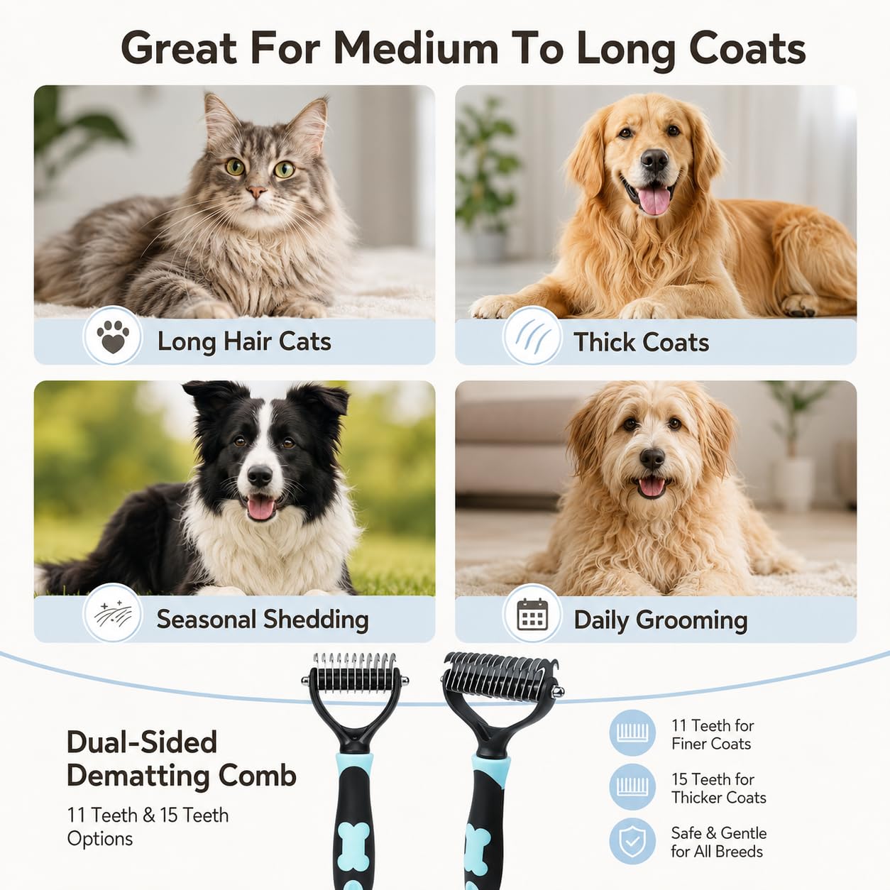 Dematting Comb for Dogs Cats, Pet Undercoat Rake Brush Stainless Steel Teeth Grooming Tool for Long Hair Thick Coat Tangles Knots Loose Fur (1, Pink*15 tooth)