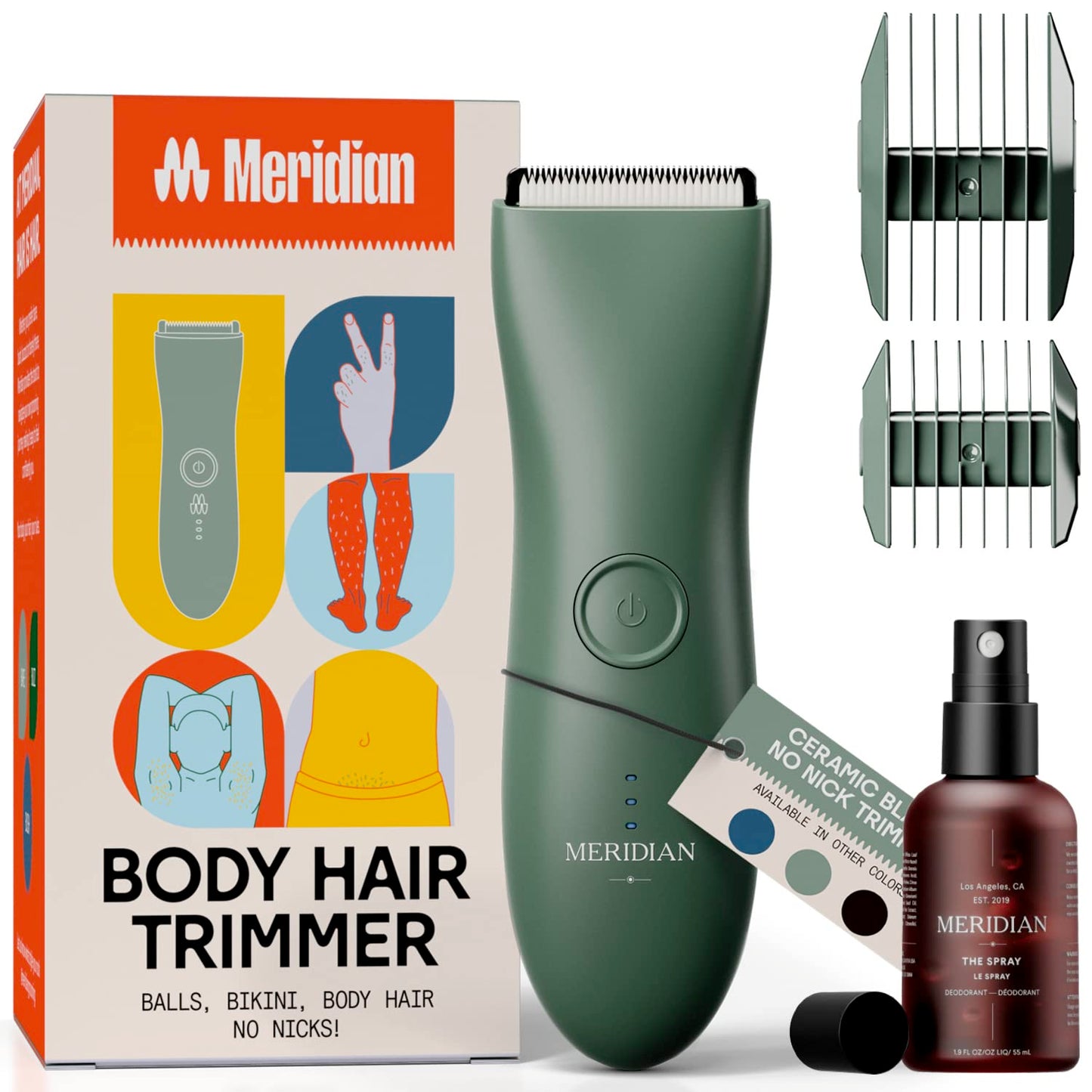 MERIDIAN - The Complete Package: Includes Men’s Waterproof Electric Below-The-Belt Trimmer and The Spray (50 mL) | Features Ceramic Blades and Sensitive Shave Tech (Sage)