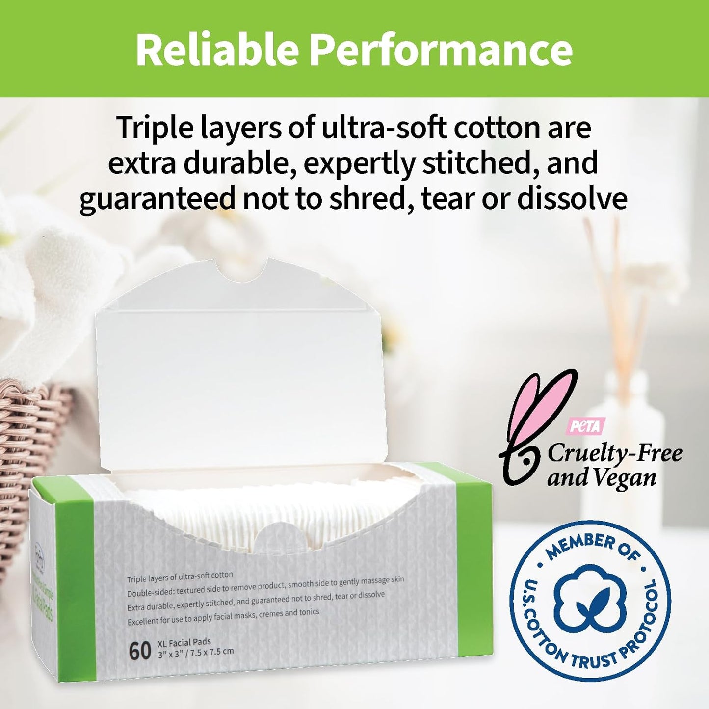 Premium XL Facial Pads - Triple Layered Ultra Soft Disposable Makeup Remover | 100% Vegan, 60-Count