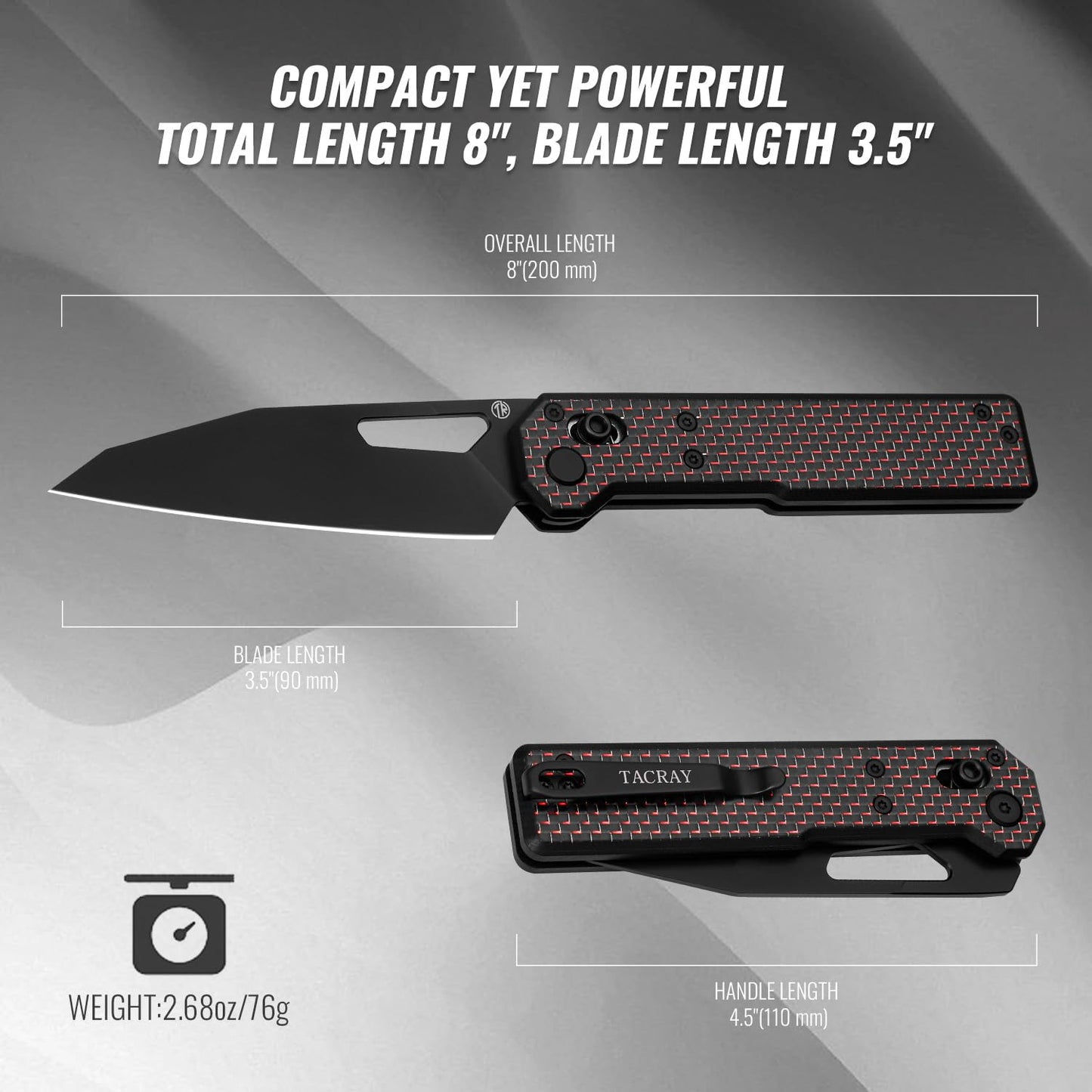 TACRAY Tarcus Folding Pocket Knife, 3.5" D2 Steel DLC Blade Carbon Fiber Overlay Handle, Lightweight EDC Knife with Crossbar Lock for Men and Women, Ideal for Camping, Hiking, and Survival