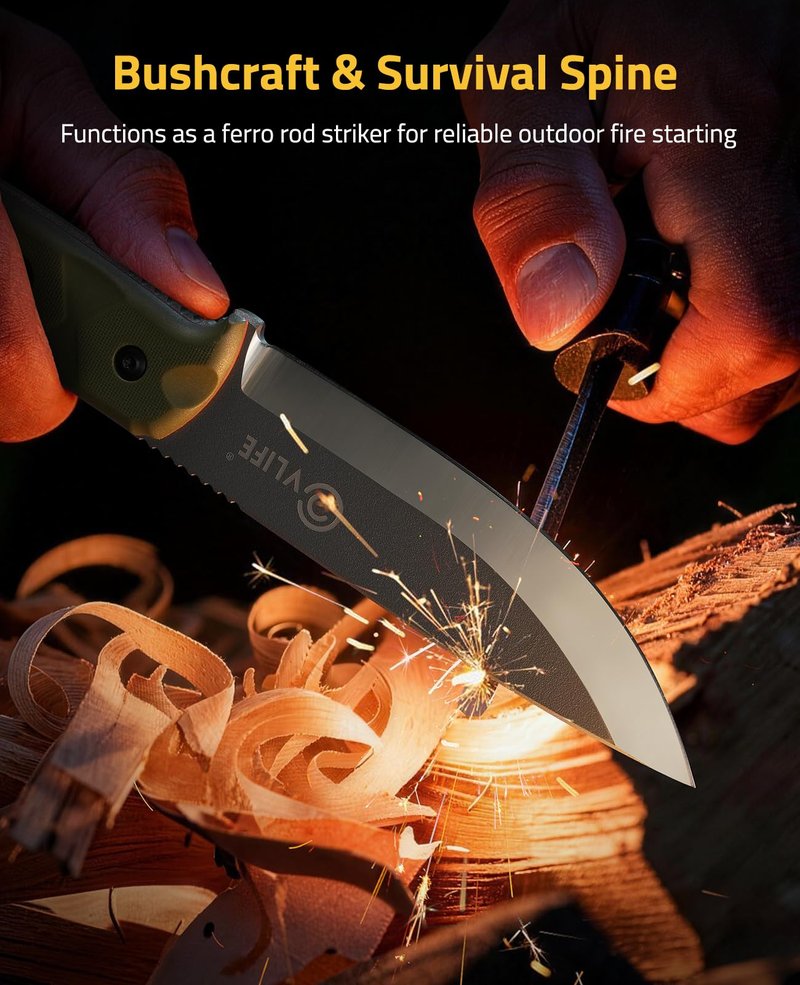 CVLIFE Fixed Blade Knife with Sheath, 5.2" D2 Steel Full Tang Survival Bushcraft Knife, Scandi Grind, 5-Layer Handle with G10 Liners, Heavy Duty Hunting Camping Knives for Men, Green
