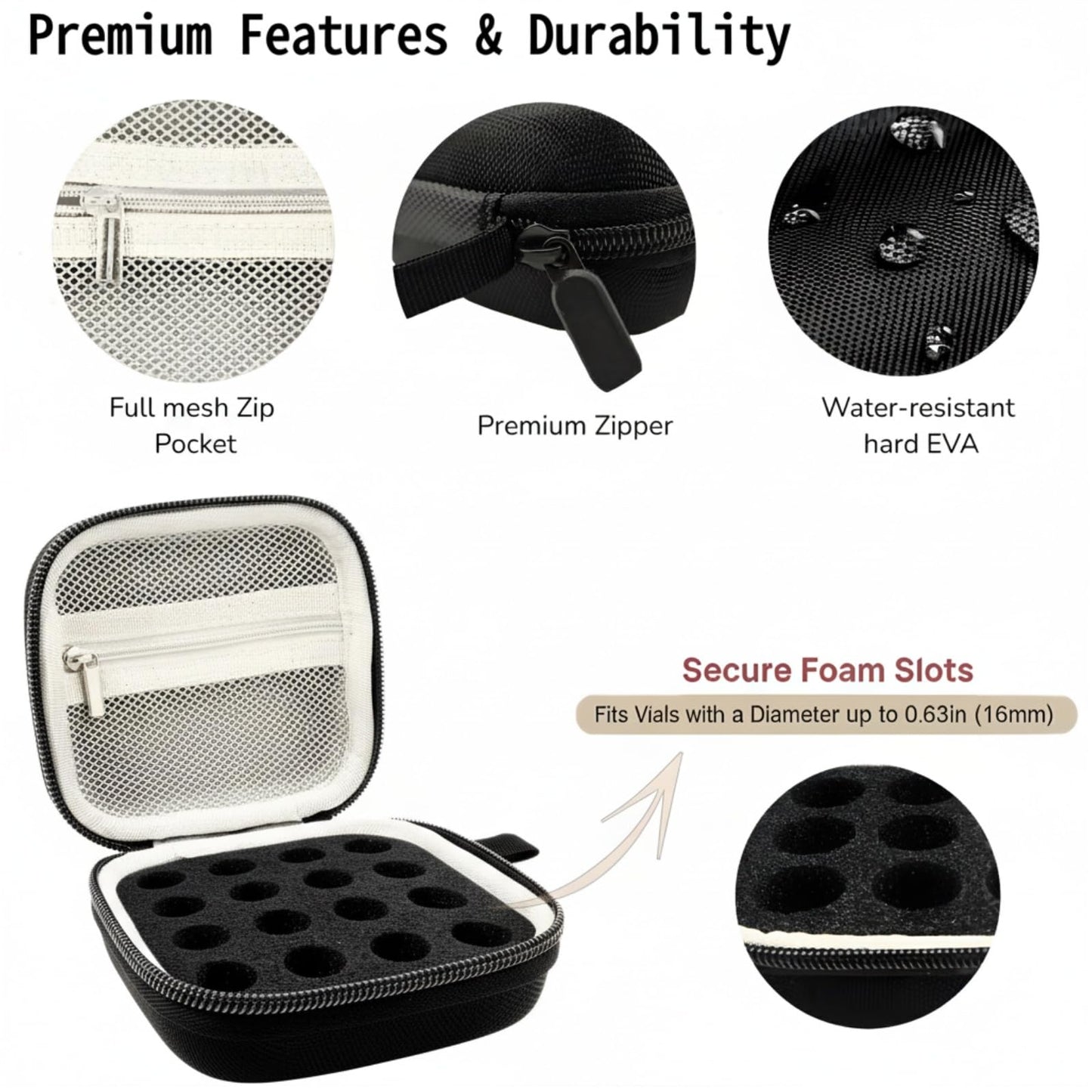 ZyCooom Peptide Case Insulin Vial Holder 16 Slots, Peptide Travel Storage for 1-3ml Vials and Essential Oils For Fridge With Zipper Mesh Pocket and Hand Strap for Diabetic Supplies Kits -Black