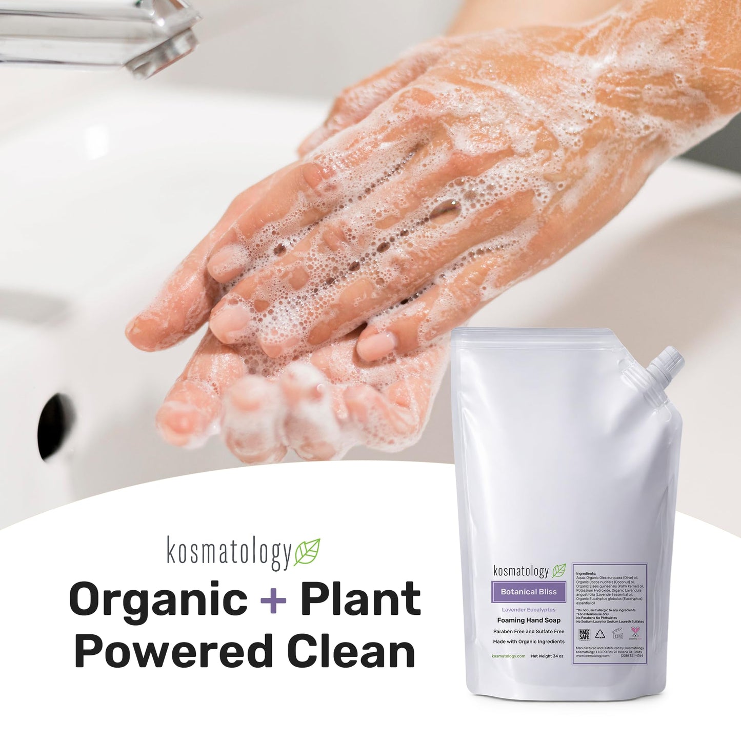 kosmatology Botanical Bliss (Lavender-Eucalyptus) Organic Foaming Hand Soap Refill | Moisturizing Hand Wash | Clean Ingredients, Infused with Essential Oils (34 fl oz)