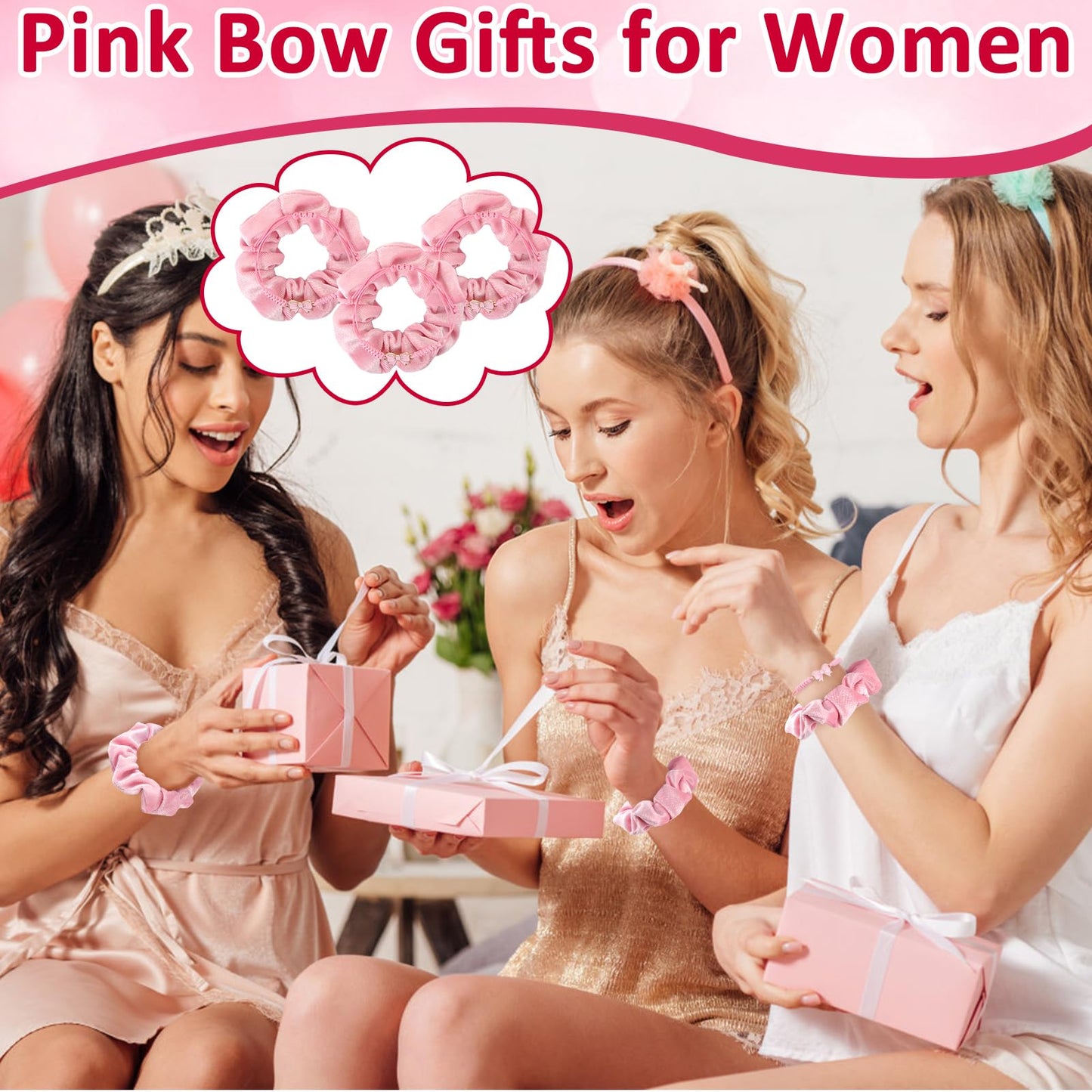 BRIOYHA Coquette Party Favors Set,12 Pink Hair Scrunchies with 12 Bow Bracelets, 24Pcs Pink Coquette Accessories for Girls Birthdays, Sleepovers, Bachelorette & Cheerleading Teams