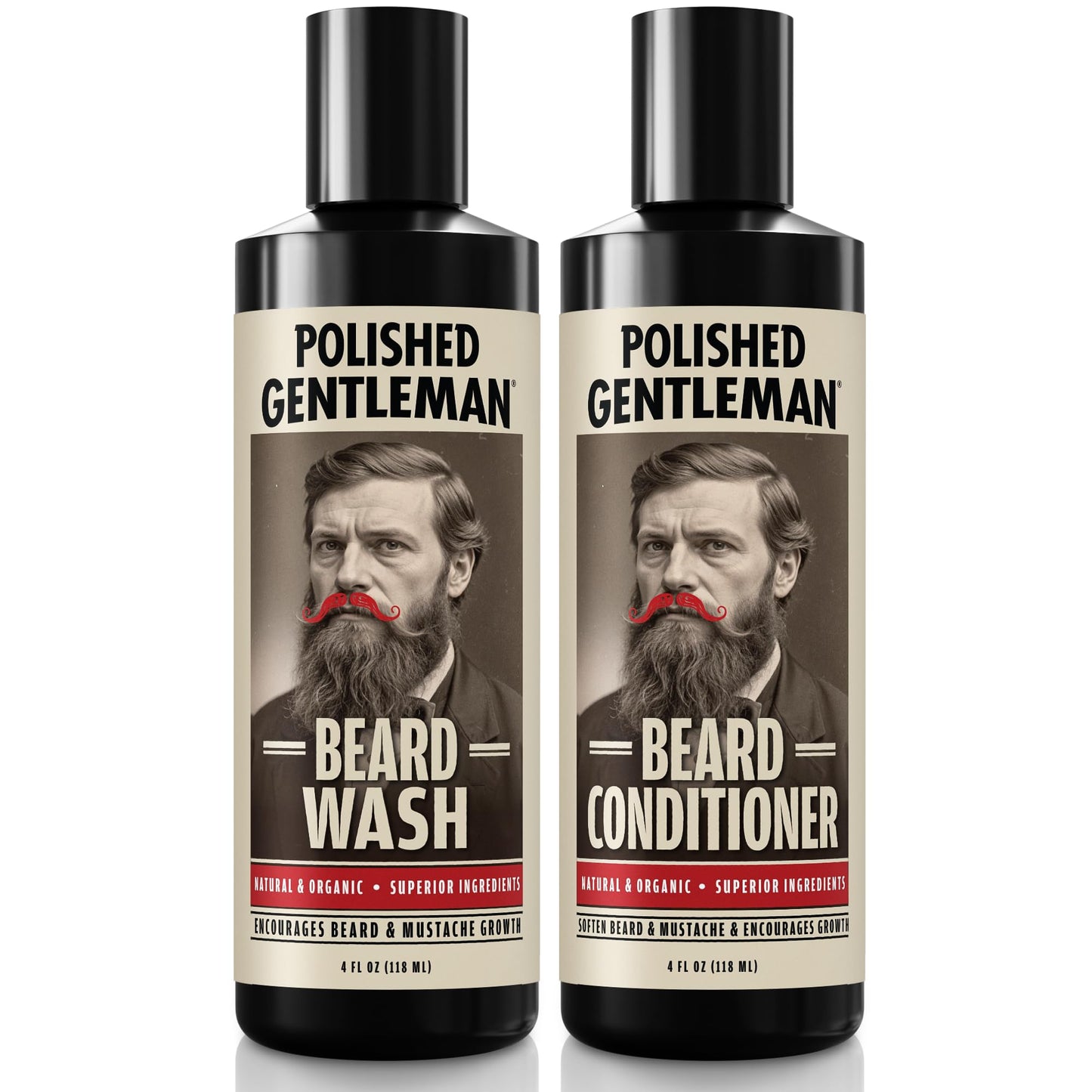 Polished Gentleman Beard Shampoo and Conditioner Set - Refreshing Beard Moisturizer & Mustache Softener - Beard Thickener with Tea Tree & Growth Oil - Paraben-Free & Sulfate-Free - Made by USA (4Oz)