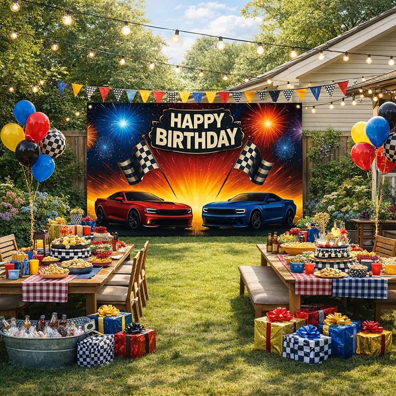 Racing Car Birthday Banner 71x43 Inch - Boys Party Backdrop