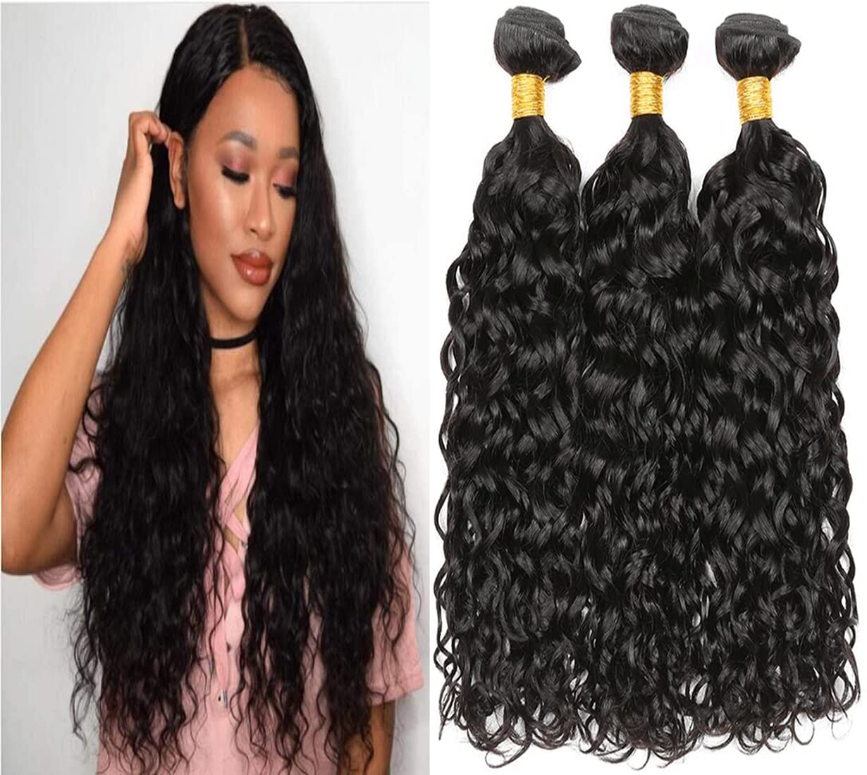 16 18 20 Inch #1B Water Wave Bundles Human Hair 3 Bundles Brazilian Remy Hair 100 Grams/Bundle 10A Grade Unprocessed Virgin Hairs Deep Water Bundle Weaves Extensions