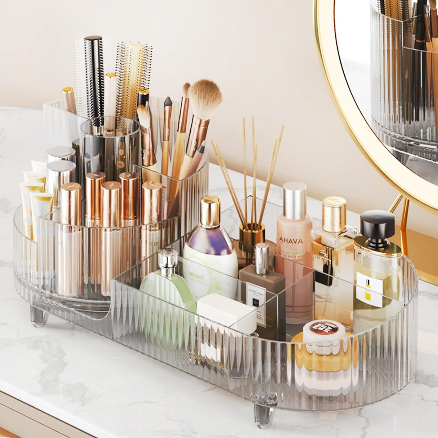 Rotating Makeup Organizer - Large Spinning Vanity Storage with Brush Holder | Black Cosmetic Display Case