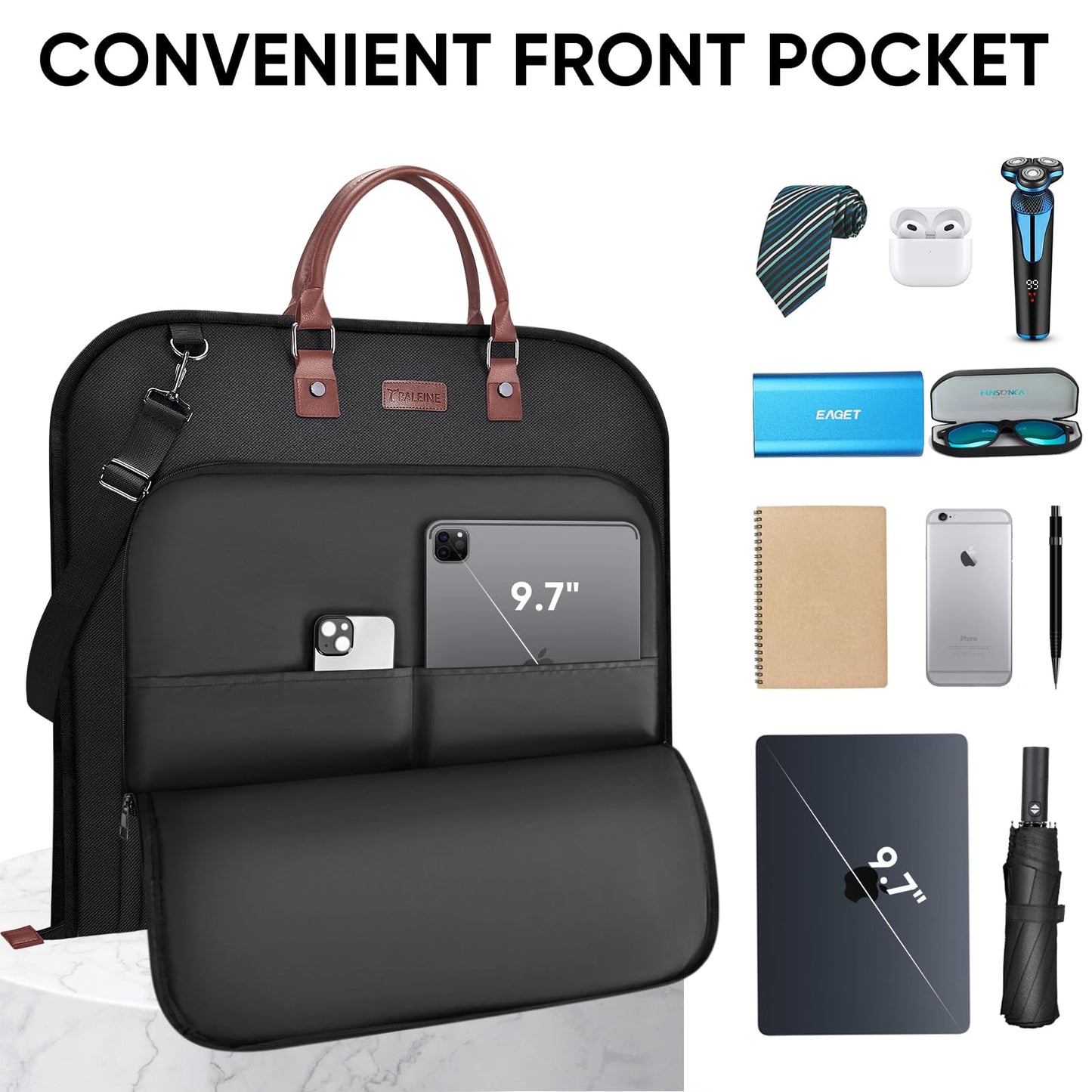 BALEINE Travel Garment Bag, Travel Suit Bag for Men, Water Resistant Carry on Garment Bag for Hanging Clothes, Garment Duffel Bag for Travel Business (Black)