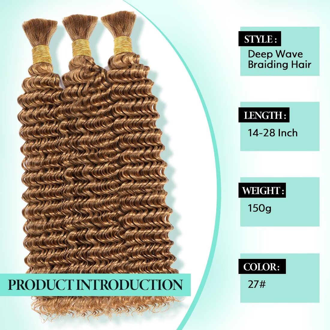 Boho Hair for Braiding, Curly Virgin Human Braiding Hair for Women, 12A Knotless Deep Wave Bulk Bohemian Styles, 150g 16 Inch 3 Bundles/Pack Caramel Honey Blonde Color 27