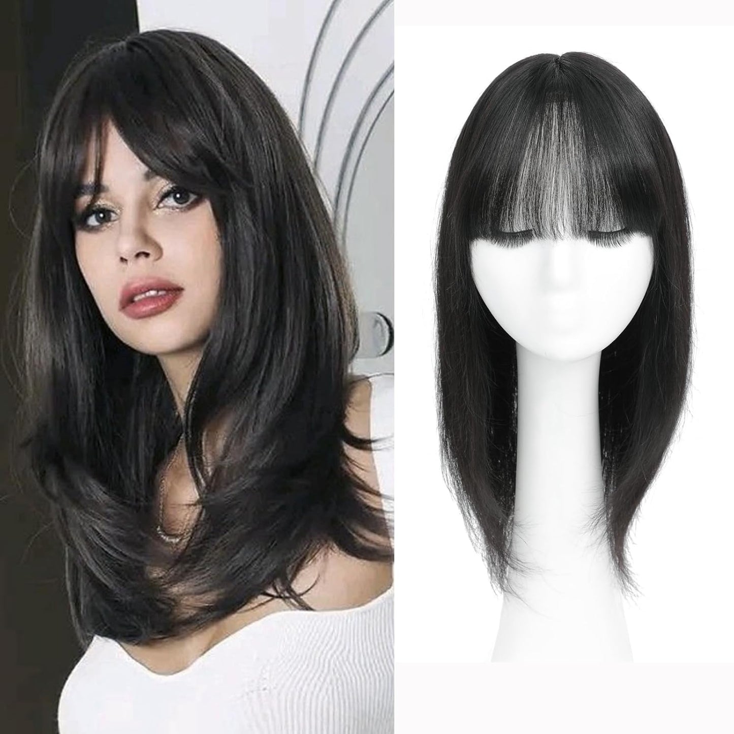 YAMI Hair Toppers for Women - Real Human Hair Topper with Bangs | Medium Brown, 15 Inch Hairpiece for Thinning Hair