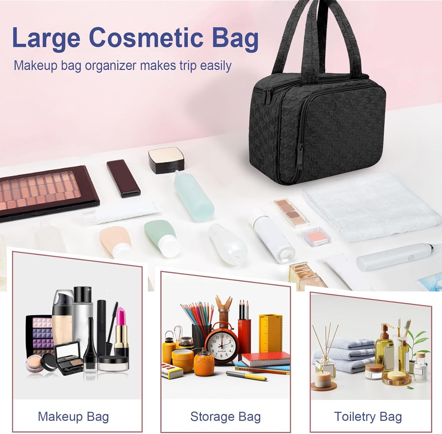 Toiletry Bag for Women - Large Travel Makeup Organizer | Black Cosmetic Skincare Pouch, 11.5" Size