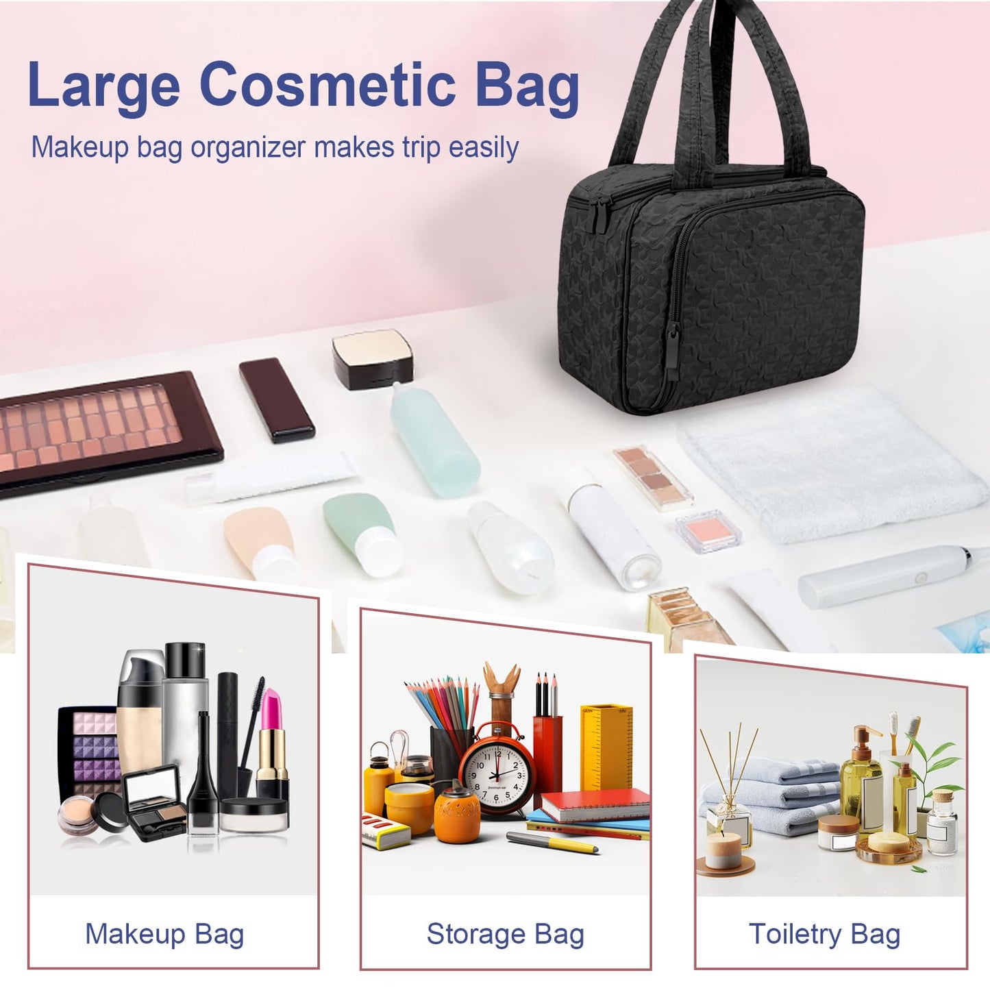 SMONT Toiletry Bag for Women Travel, 11.5" Large Makeup Organizer Toiletries Bags, Big Cosmetic Skincare Cosmetiquera Black