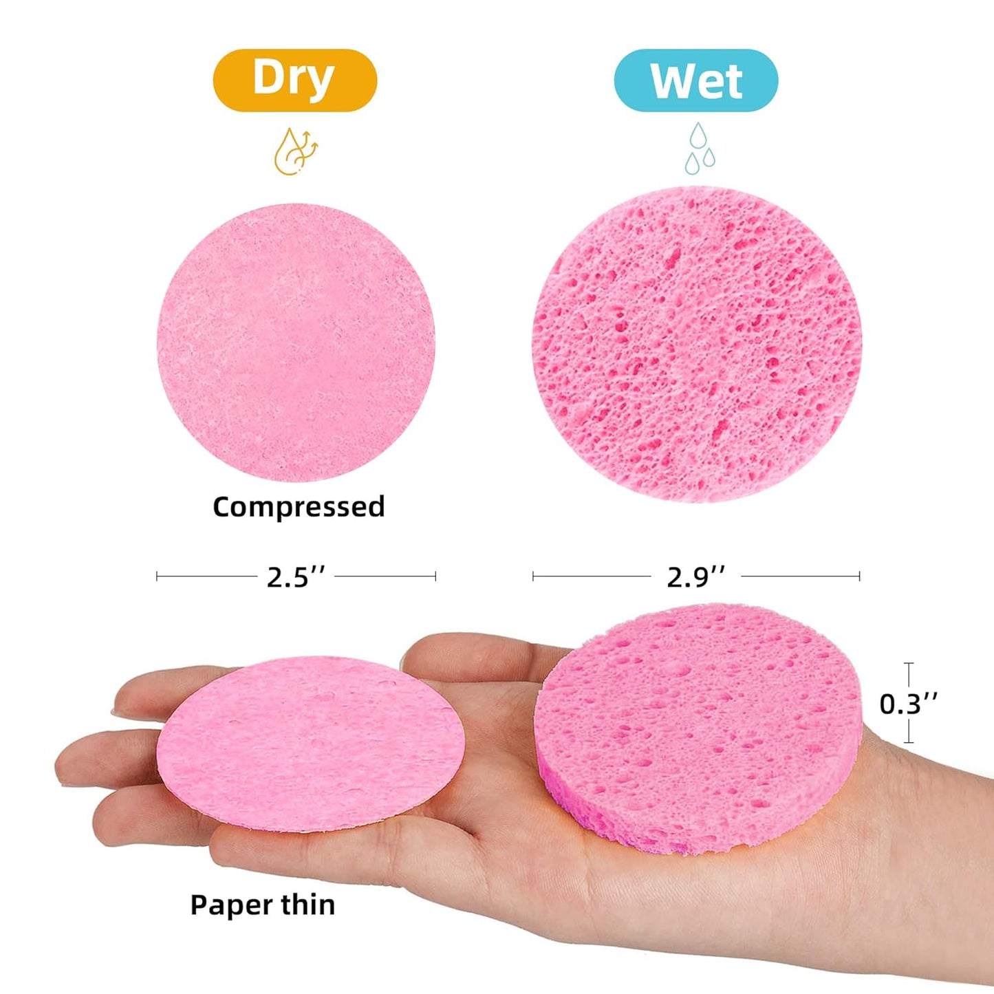 Compressed Facial Sponges - 100% Natural Cellulose Spa Sponges for Daily Cleansing | Makeup Removal & Exfoliation (50 Count, Pink)