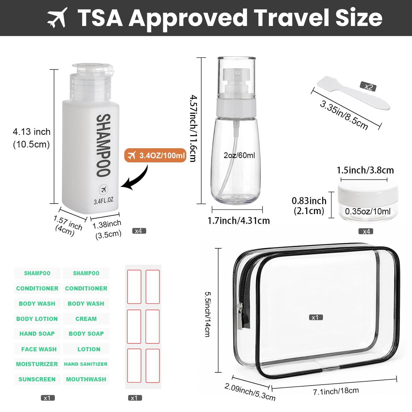 Decorniqu Travel Bottles for Toiletries 14PCS 3.4oz Pre-Printed Shampoo, Conditioner, Body Wash, Wide Mouth Containers TSA Approved 2oz Travel Spray Bottle Leak Proof 0.35oz Plastic Cream Jars(White)