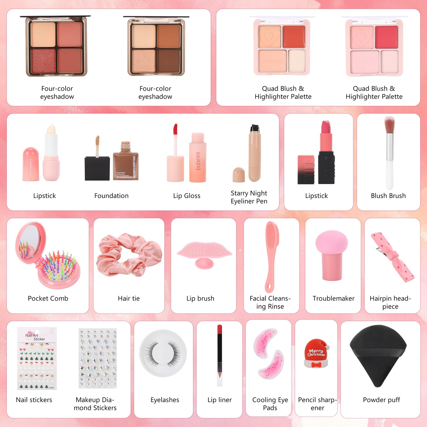 Crudetea 24 Pcs Exquisite Makeup Gift Set - Make Up Birthday Gift Set for Girls Ages 6-12, Makeup Gift Sets for Bday Countdown, Cosmetics Kit for Kids Teens #Pink