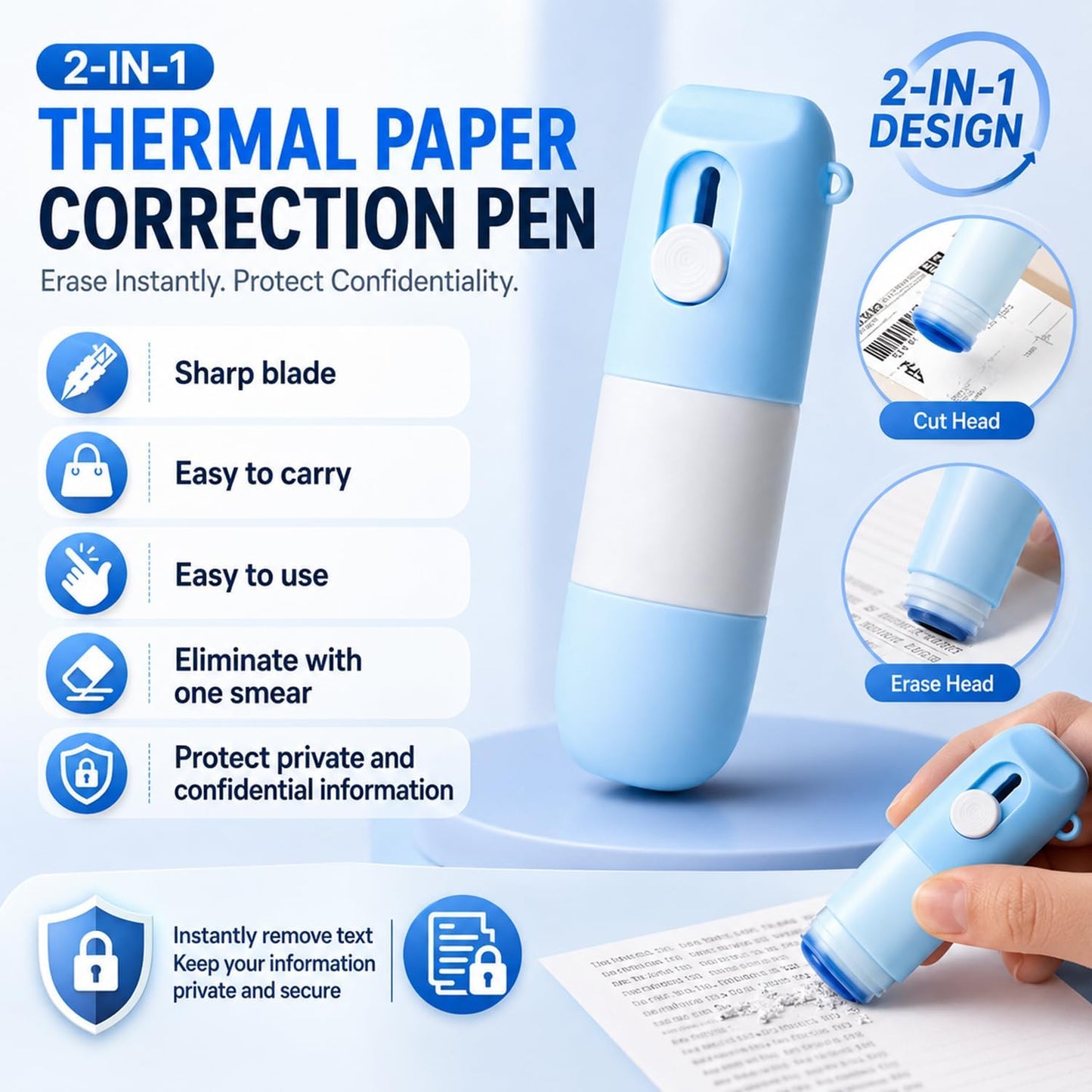 Thermal Paper Eraser Pen Set - 2-in-1 Privacy Label & Unboxing Knife | Liquid Redacting Marker (Blue)