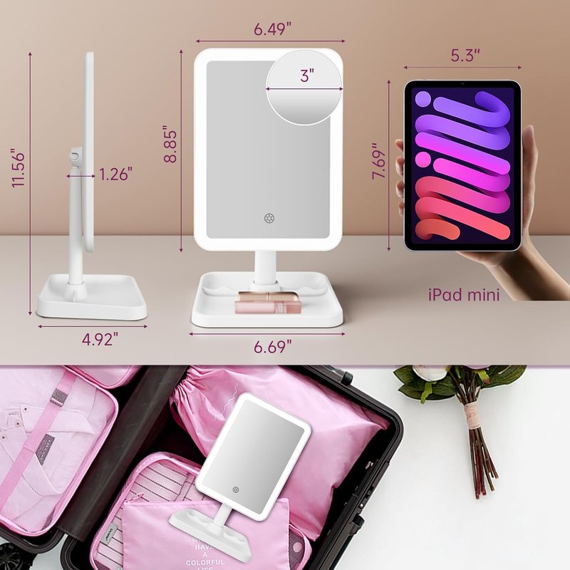 Rechargeable Lighted Makeup Mirror - 10X Magnification, 3 Color Lighting | Portable Tabletop Design, 360° Rotation, White