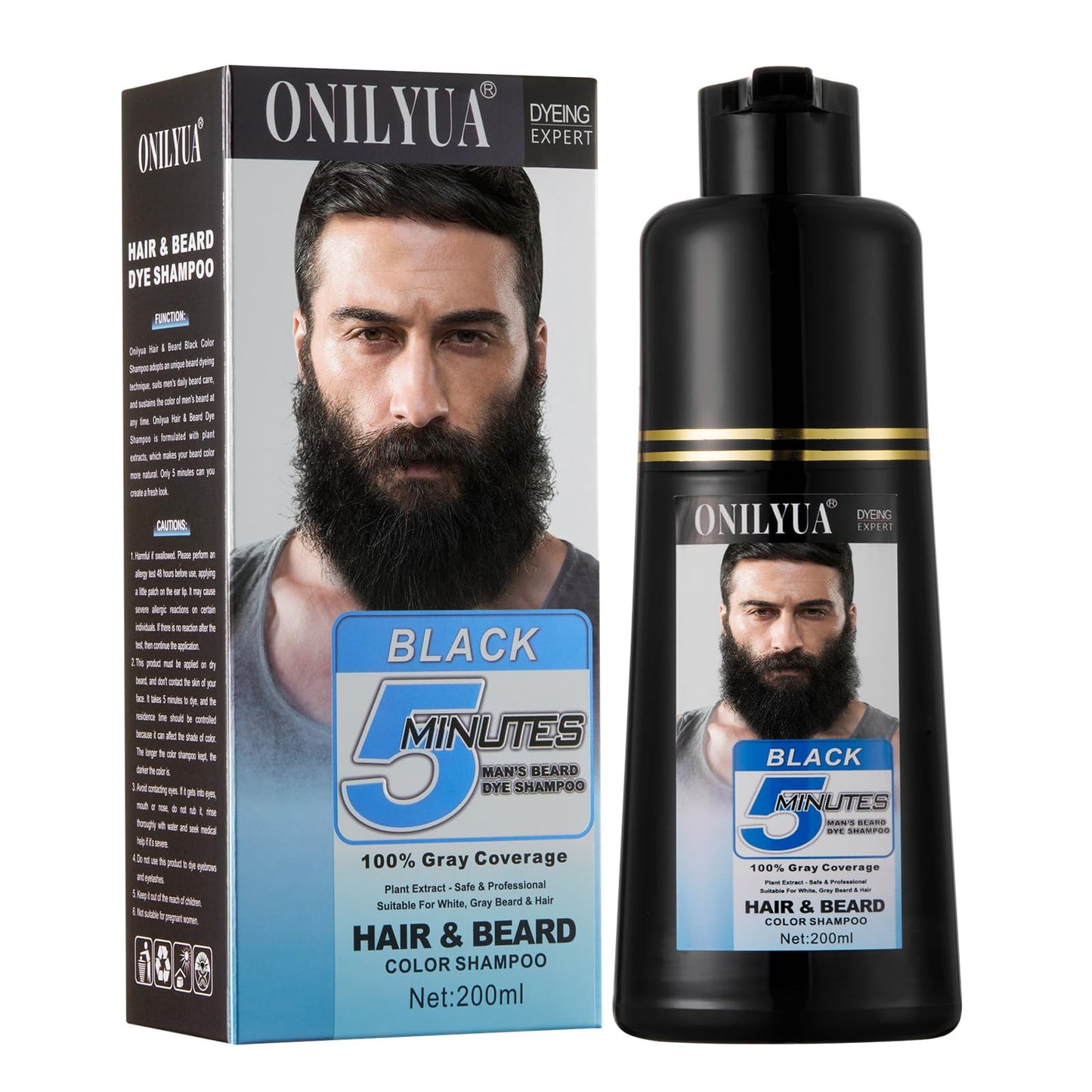 Men's Black Beard and Hair Dye Shampoo 3 in 1 - Long-Lasting Herbal Coloring for Gray Hair, Mustache & Beard in Minutes, 6.76 Fl Oz