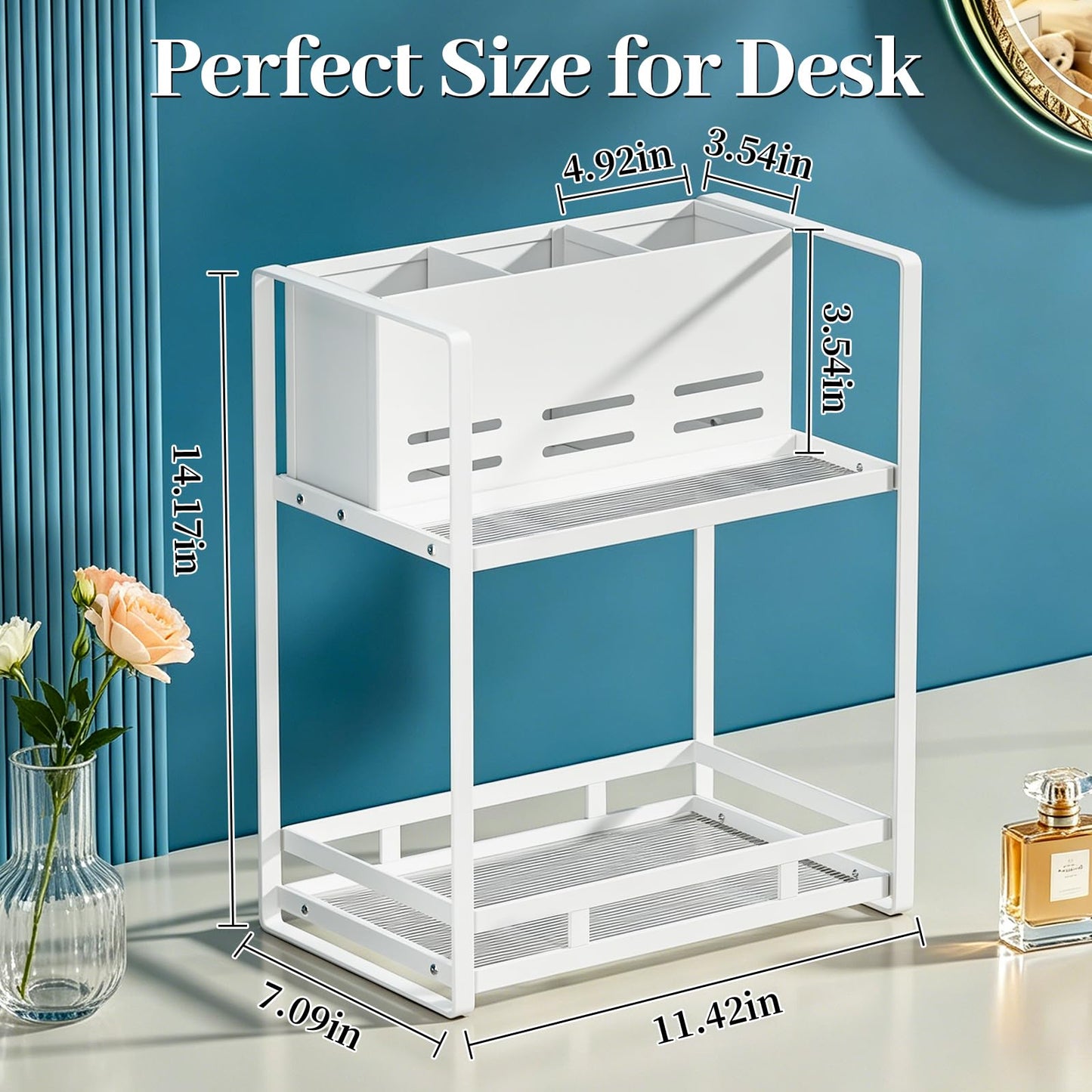 SanDream Hair Tool Organizer Bathroom Countertop, 2-Tier Metal Bathroom Organizer with Blow Dryer Holder, Large Capacity Space-Saving Vanity Shelf for Perfume, Skincare & Makeup Storage (White)