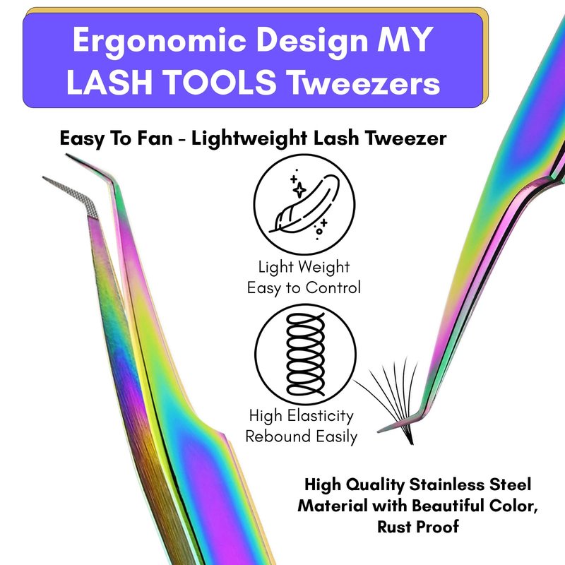 Fiber Tip Lash Tweezer for Eyelash Extensions – Curved 45 Degree Volume Tweezers for Women, Precision Stainless Steel, Professional Non Slip Grip for Classic, Volume & Mega Volume Fans (Rainbow)