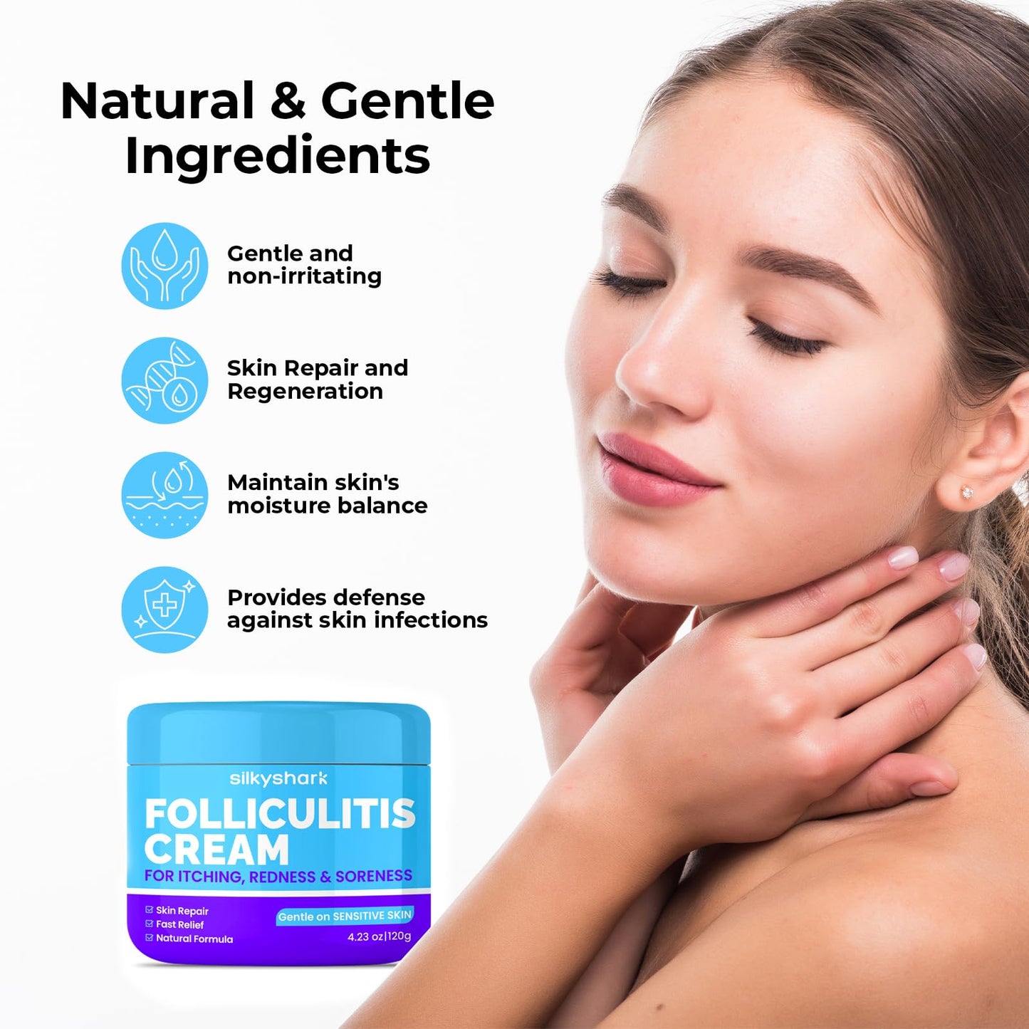 SilkyShark Folliculitis Treatment Cream (4.23 oz), Soothing Relief for Razor Bumps, Acne, Ingrown Hairs & Skin Irritation, Fast Absorbing, Non-Greasy Formula with Natural Ingredients for Body & Scalp
