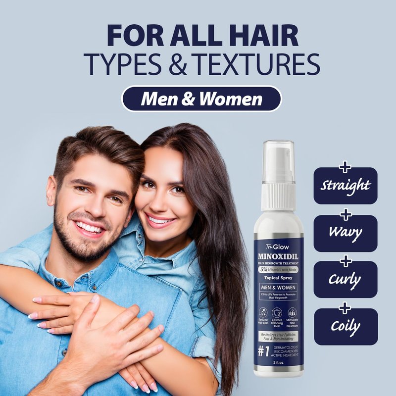TruGlow 5% Minoxidil Hair Regrowth Treatment Spray - Unscented Scalp Solution for Thinning Hair | 2 oz