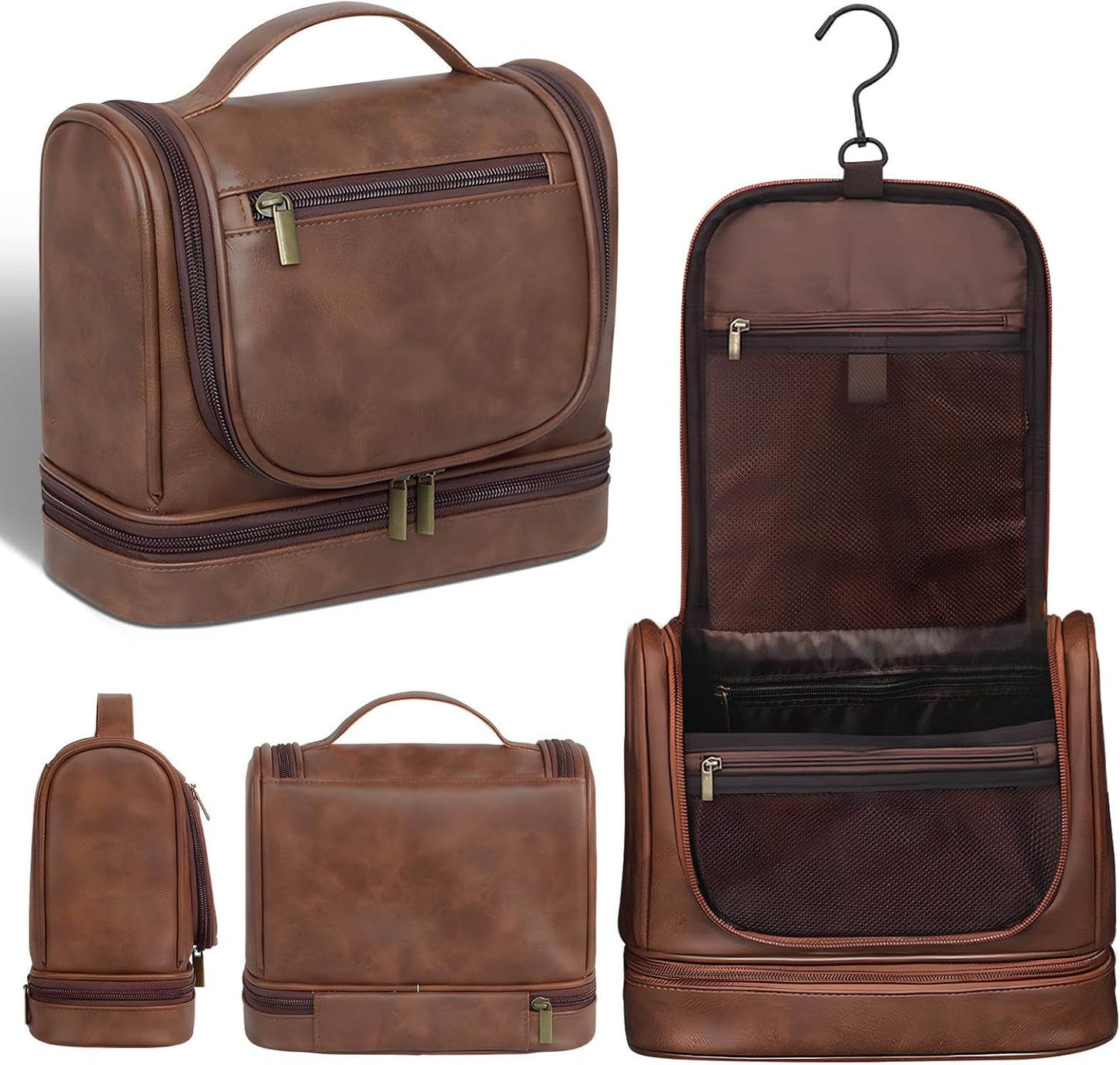 Travel Toiletry Bag - Leather Hanging Organizer | Waterproof with Separate Compartments - Dark Brown