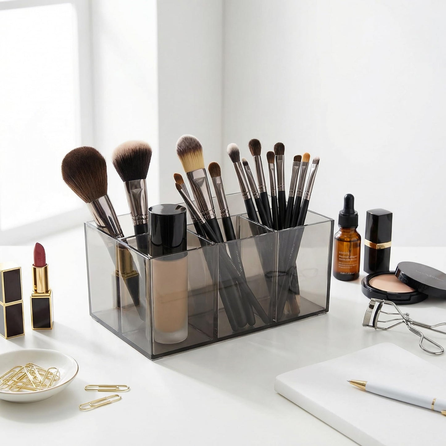 Makeup Brush Holder with Four Compartments, Versatile Desktop Storage Organizer for Makeup Eyeliners and Office Supplies, Easy Access Neat Desks GREY