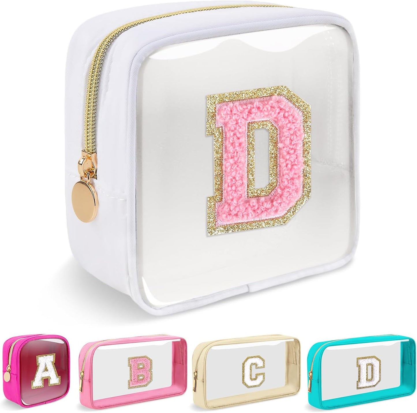 Personalized Initial Makeup Bag - Waterproof Nylon Cosmetic Pouch | A-Z Chenille Letter Patch, White-Pink G