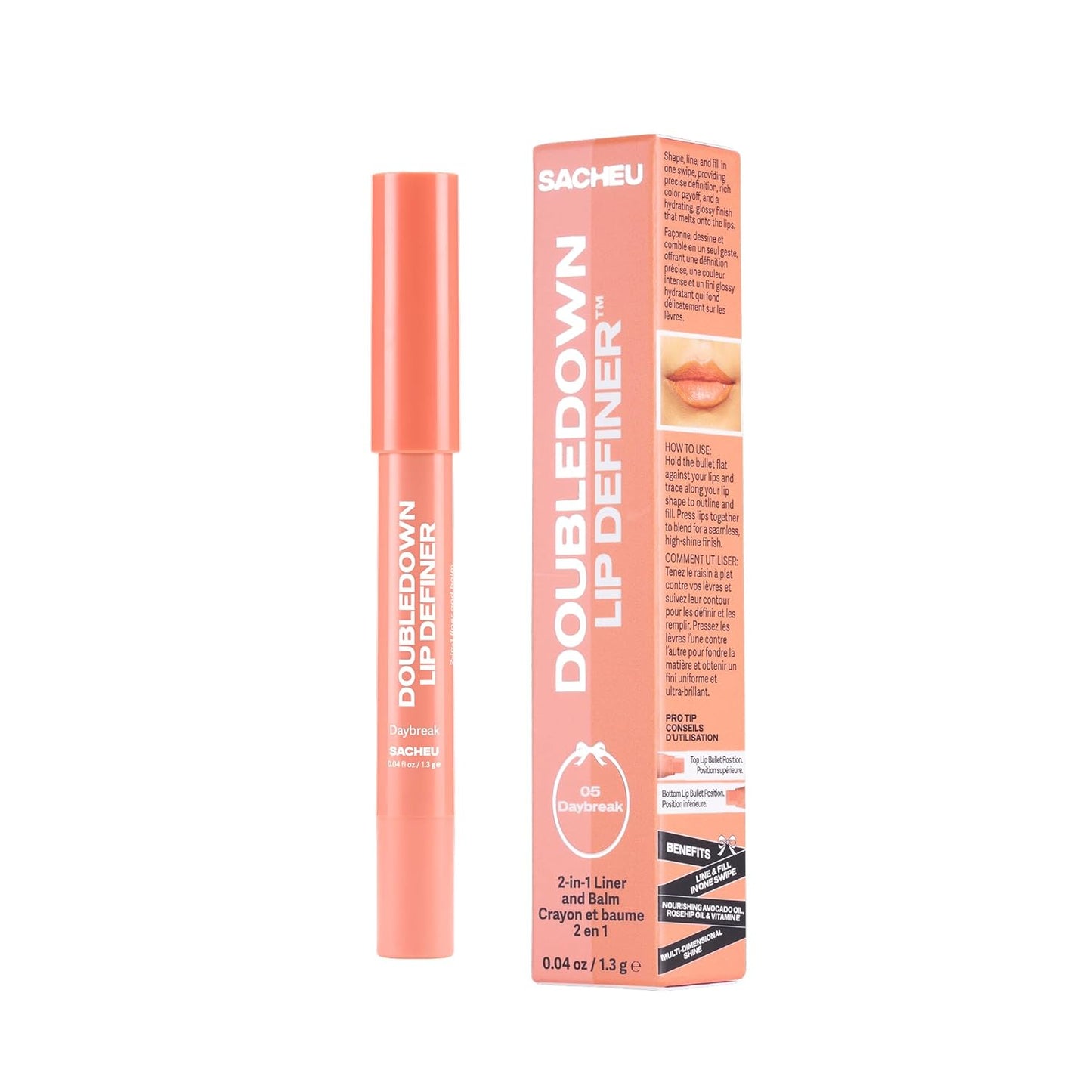 Sacheu DoubleDown Lip Definer - 2-in-1 Hydrating Lip Liner & Balm with Avocado Oil | Daybreak Color