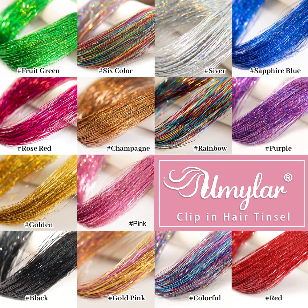 Clip In Hair Tinsel Extensions - 20 Inch Glitter Strands for Festivals | 12 Pcs Black Dazzle Kit for Women & Girls
