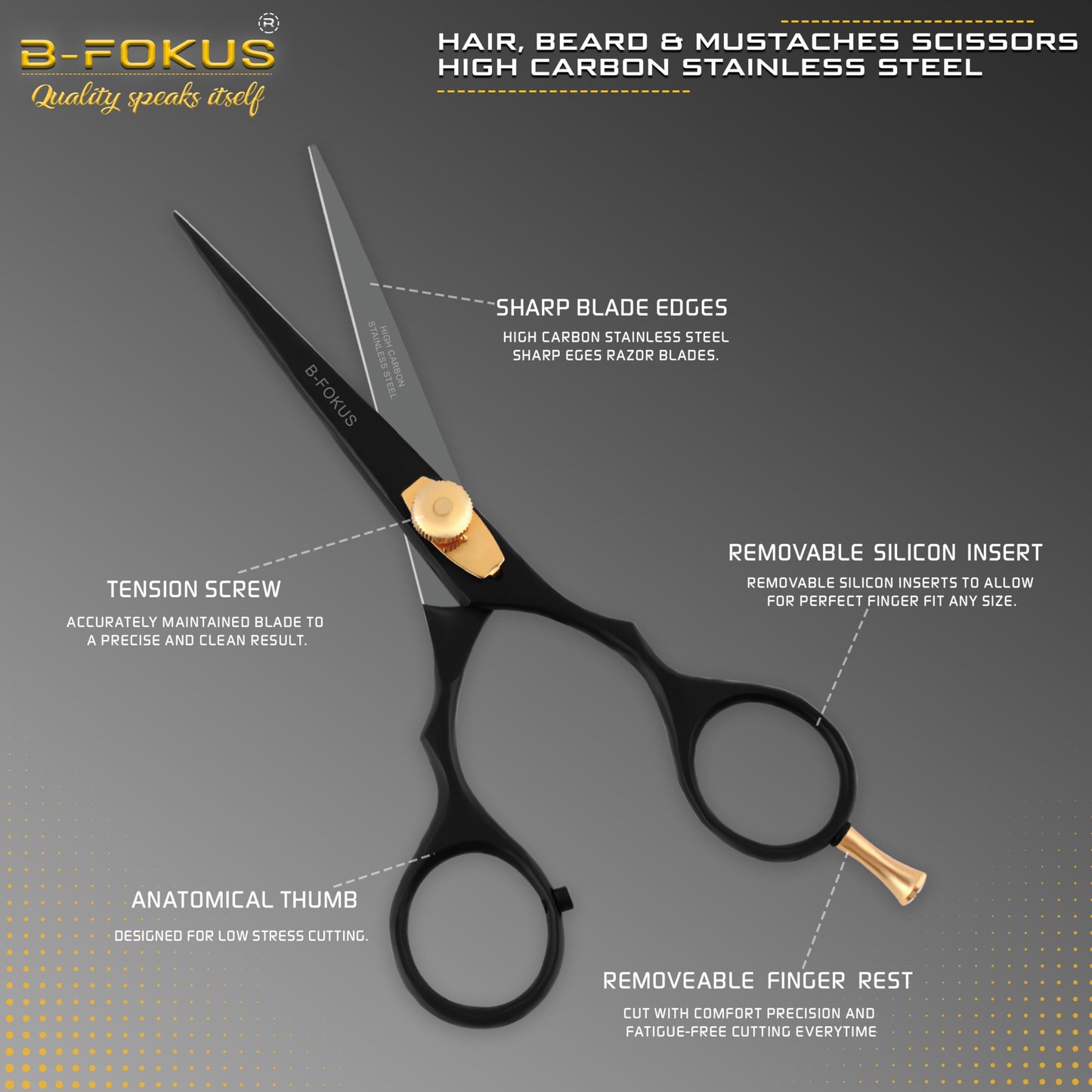 B-FOKUS Hair & Beard Trimming Scissors Kit – 5.5” High Carbon Stainless Steel Mustache & Hair Scissors for Men, Women & Kids Adjustable Tension Screw – Come with Tweezers, Combs & Travel Pouch