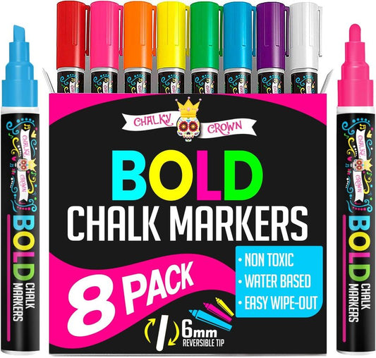 Bold Chalk Markers - Liquid Chalk Pens for Chalkboards & Windows | 8-Pack Multicolored, 6mm Reversible Tip